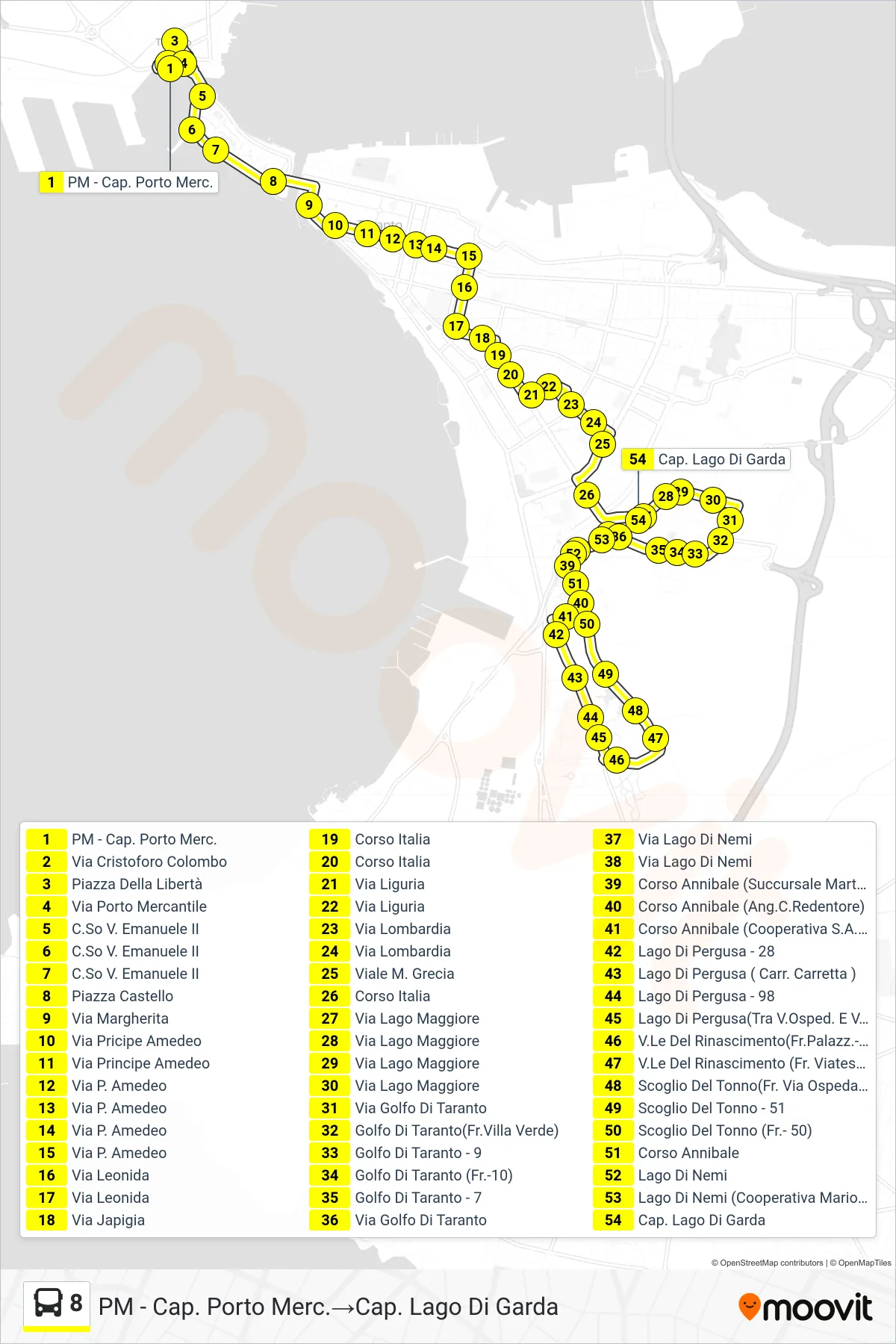 Linea 8 bus (PM - Cap. Porto Merc.→Cap. Lago Di Garda) - Percorsi e fermate sulla mappa