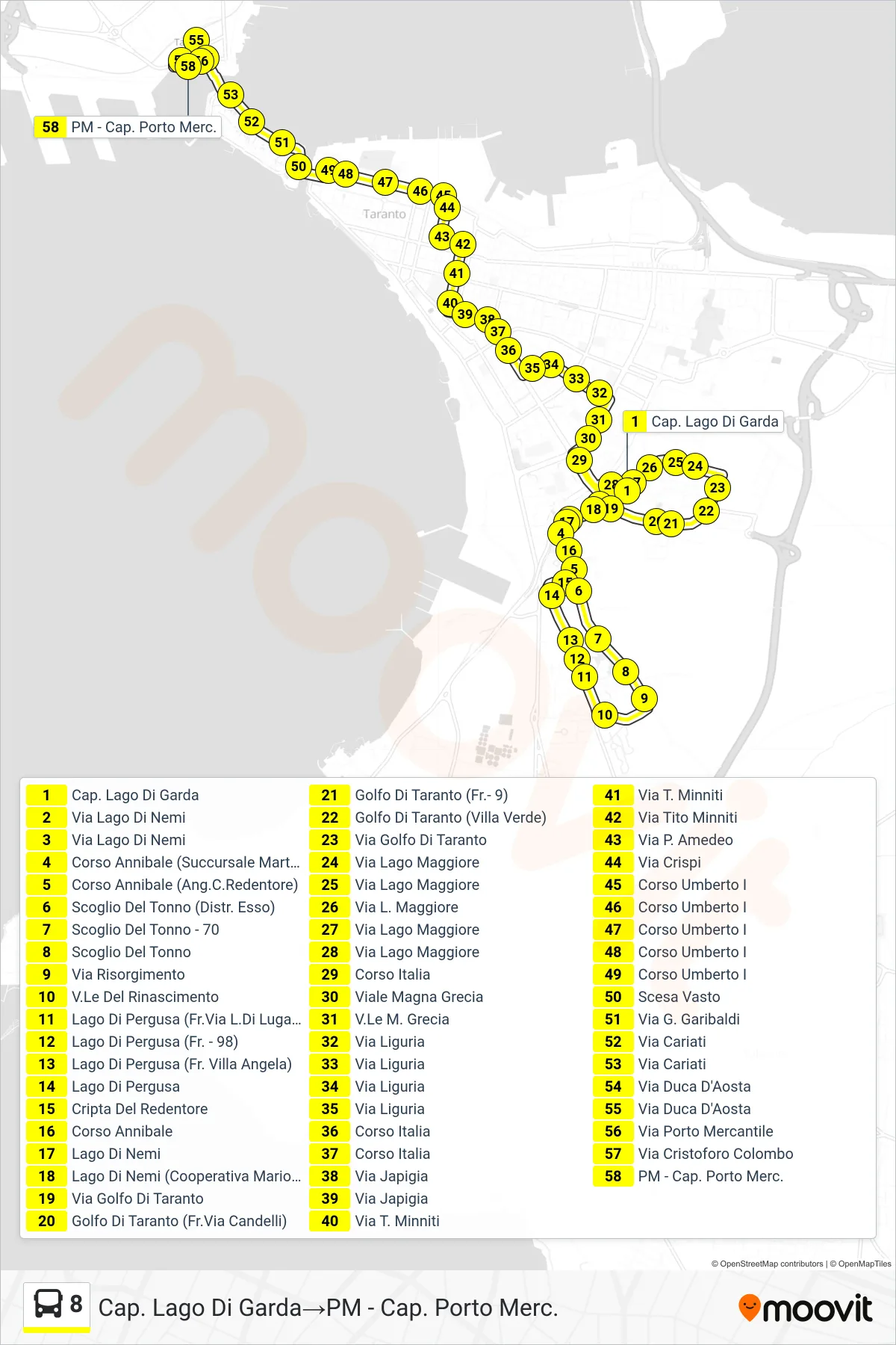 Linea 8 bus (Cap. Lago Di Garda→PM - Cap. Porto Merc.) - Percorsi e fermate sulla mappa