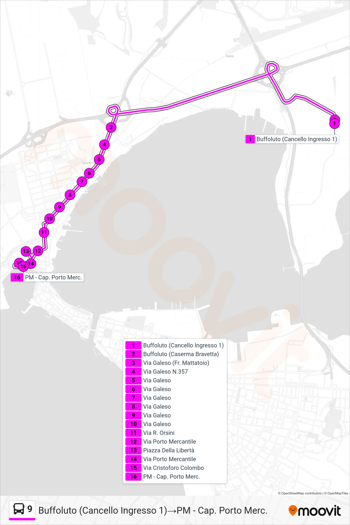 Linea 9 bus (Buffoluto (Cancello Ingresso 1)→PM - Cap. Porto Merc.) - Percorsi e fermate sulla mappa