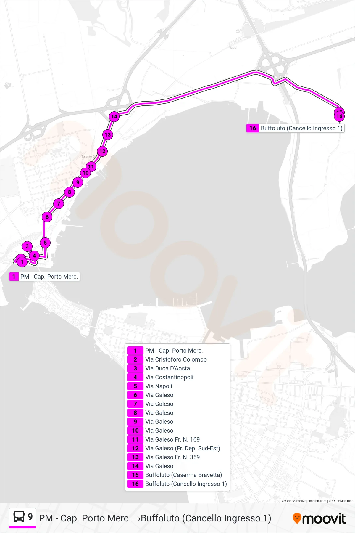 Linea 9  bus (PM - Cap. Porto Merc.‎→Buffoluto (Cancello Ingresso 1)) - Percorsi e fermate sulla mappa
