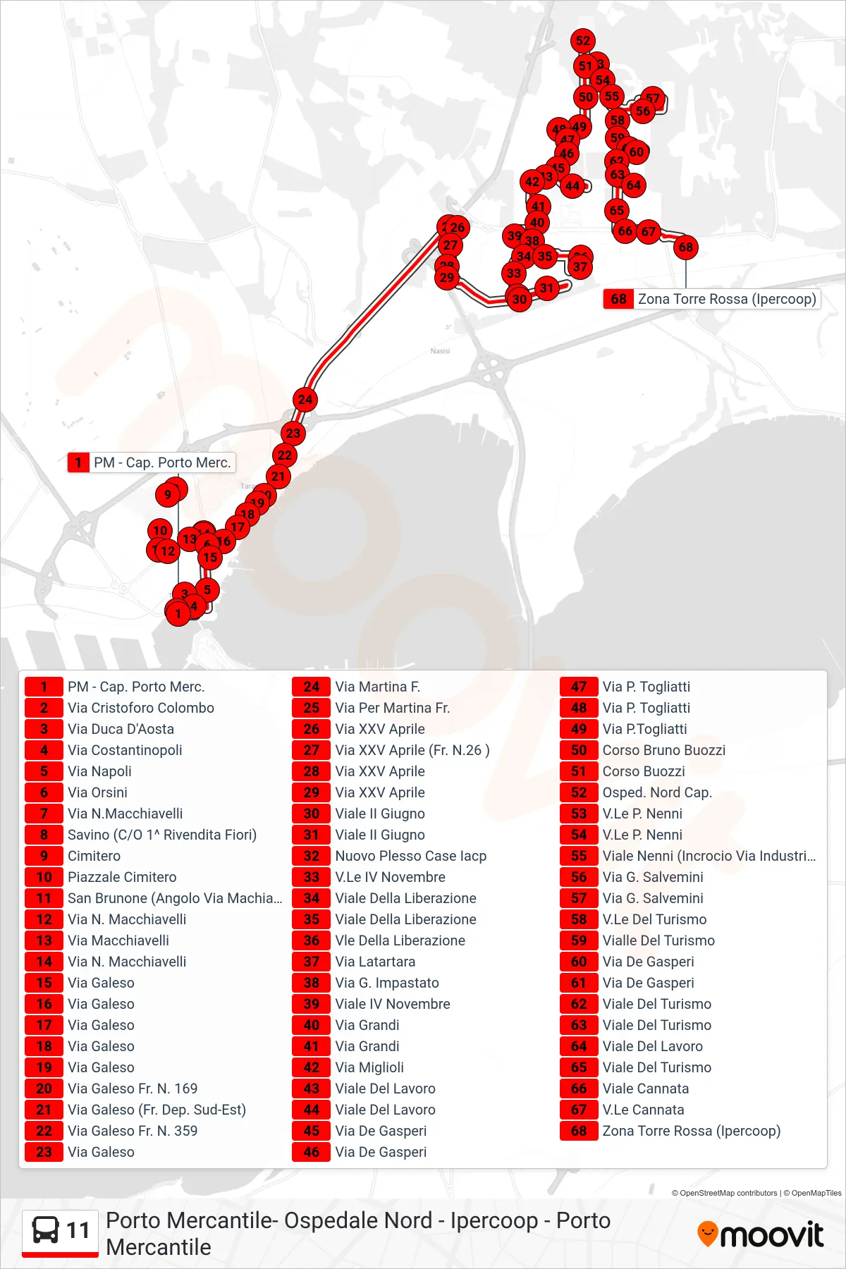 Linea 11 bus (PM - Cap. Porto Merc.→Zona Torre Rossa (Ipercoop)) - Percorsi e fermate sulla mappa