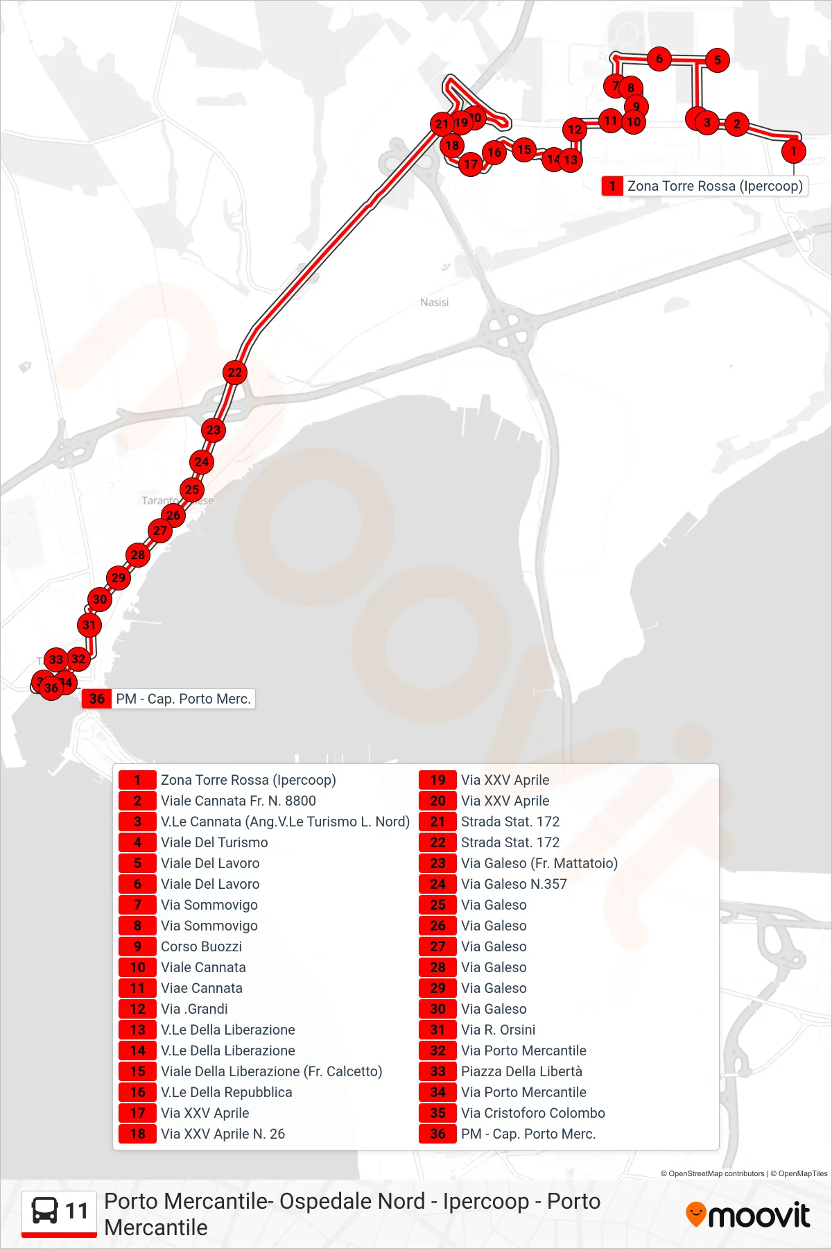 Linea 11 bus (Zona Torre Rossa (Ipercoop)→PM - Cap. Porto Merc.) - Percorsi e fermate sulla mappa