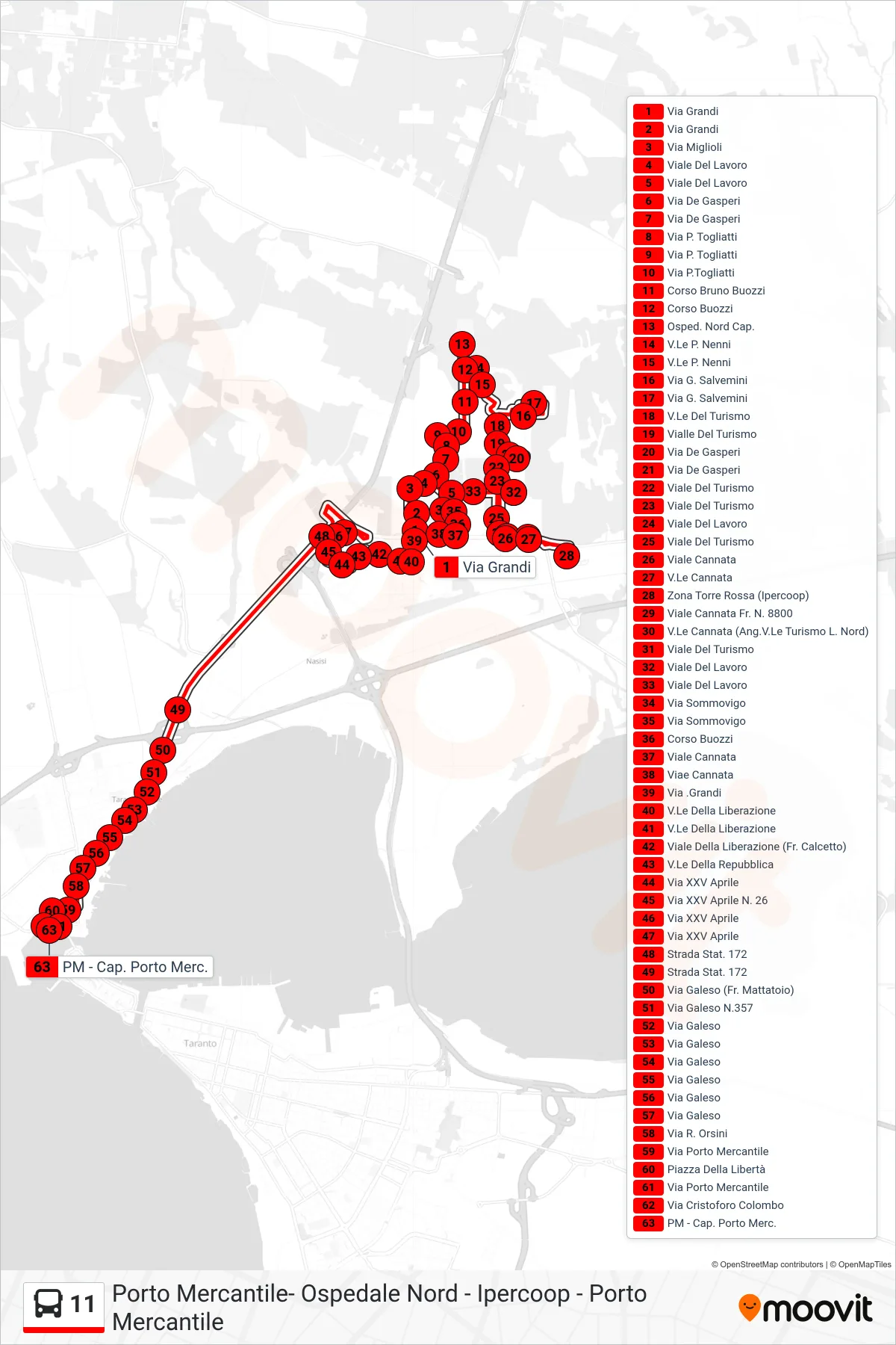 Linea 11  bus (Via Grandi‎→PM - Cap. Porto Merc.) - Percorsi e fermate sulla mappa