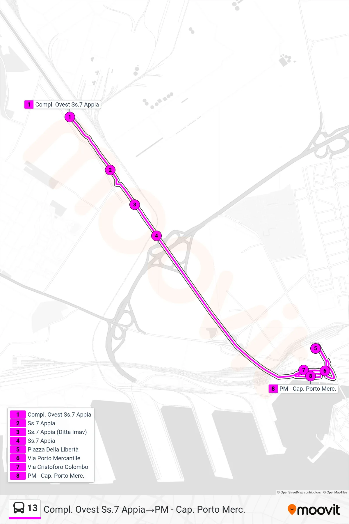 Linea 13 bus (Compl. Ovest Ss.7 Appia→PM - Cap. Porto Merc.) - Percorsi e fermate sulla mappa