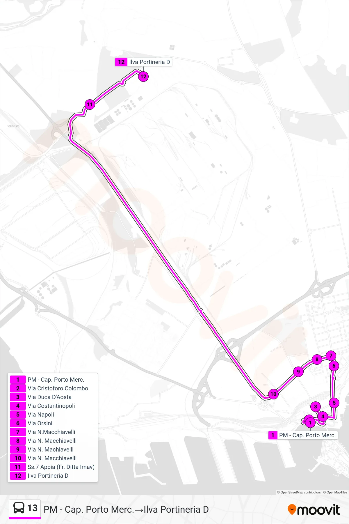 Linea 13 bus (PM - Cap. Porto Merc.→Ilva Portineria D) - Percorsi e fermate sulla mappa