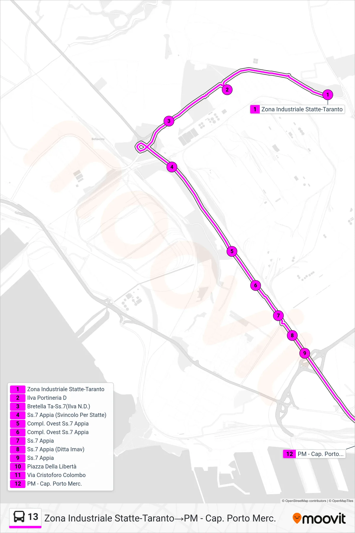 Linea 13 bus (Zona Industriale Statte-Taranto→PM - Cap. Porto Merc.) - Percorsi e fermate sulla mappa