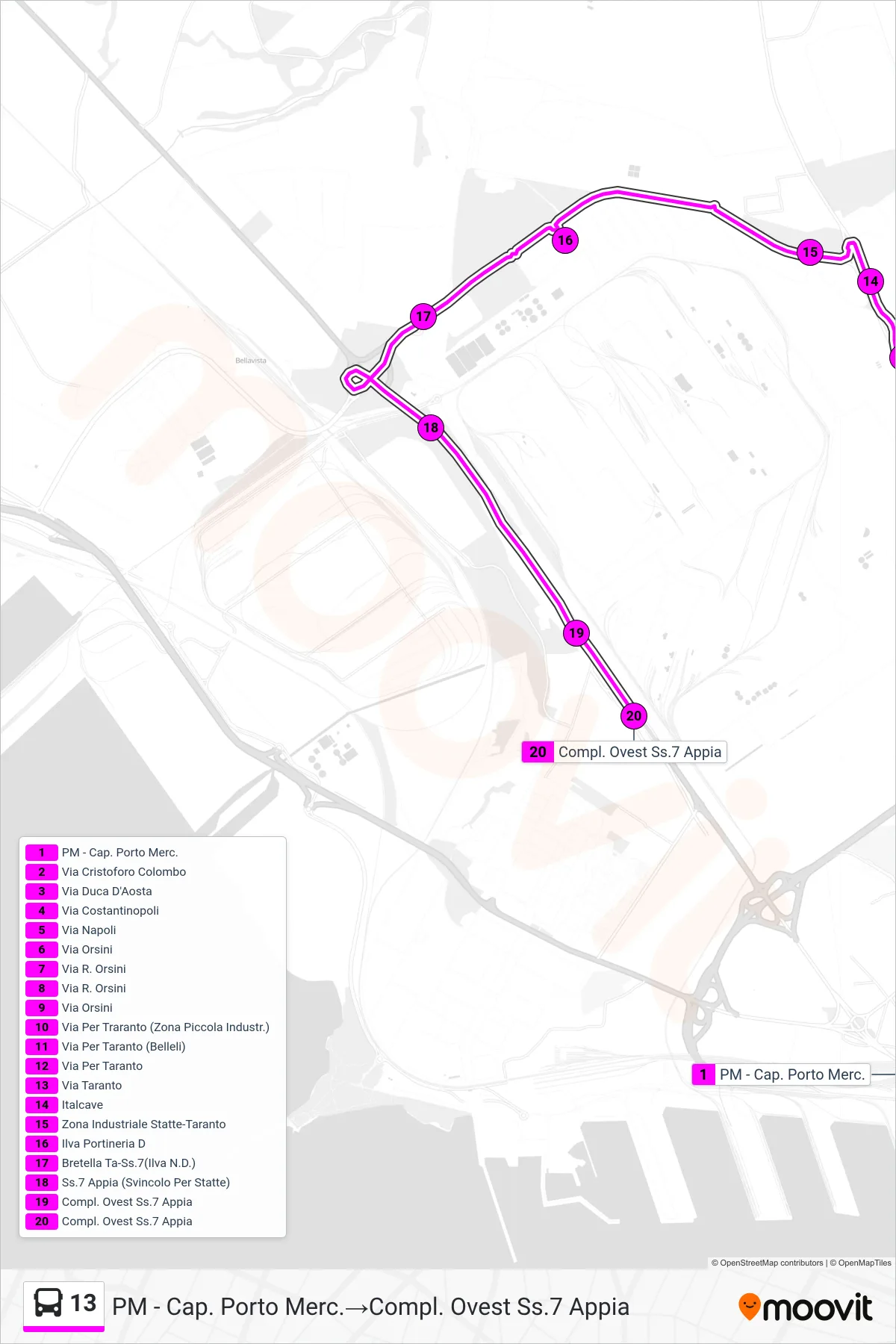 Linea 13 bus (PM - Cap. Porto Merc.→Compl. Ovest Ss.7 Appia) - Percorsi e fermate sulla mappa