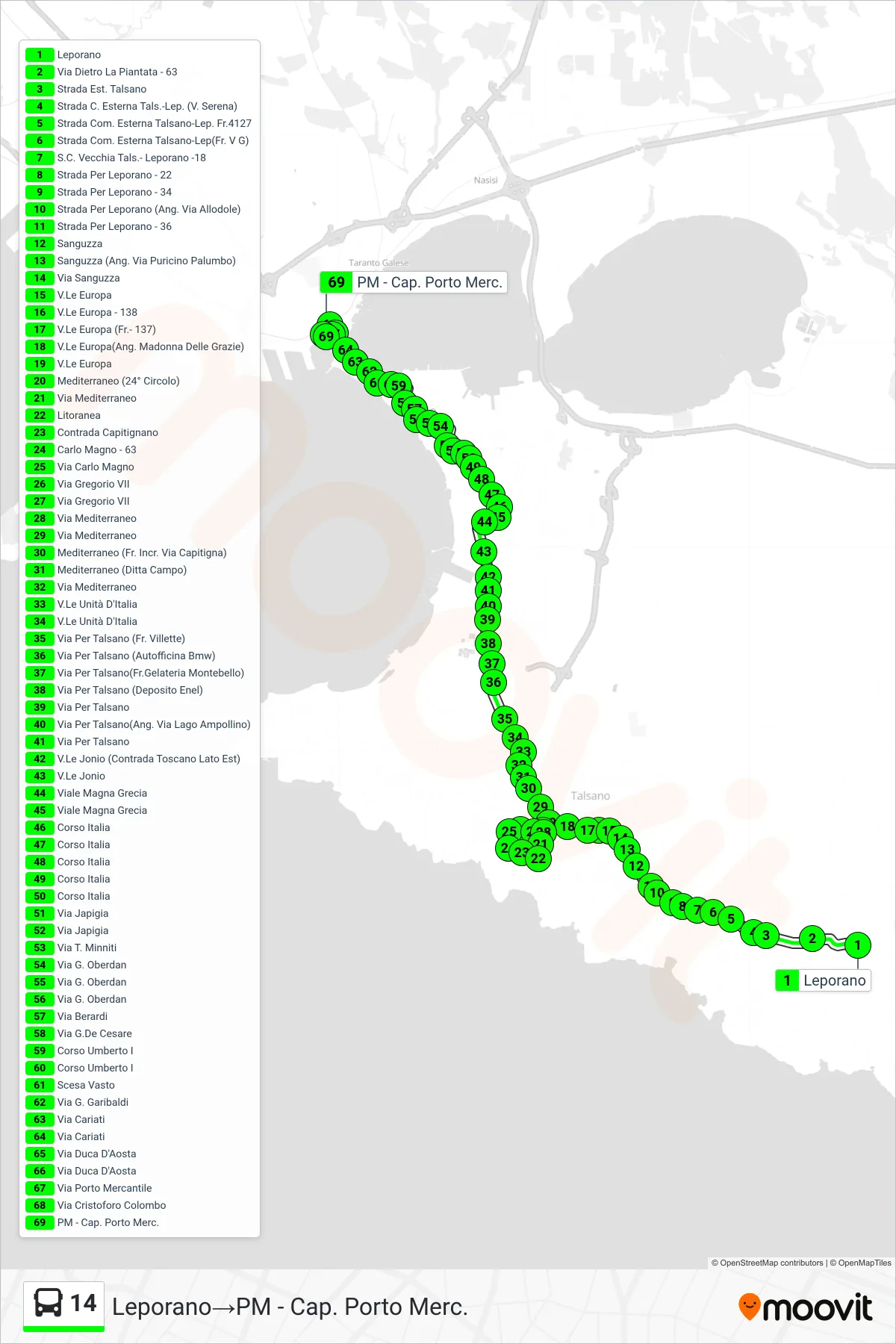 Linea 14 bus (Leporano→PM - Cap. Porto Merc.) - Percorsi e fermate sulla mappa