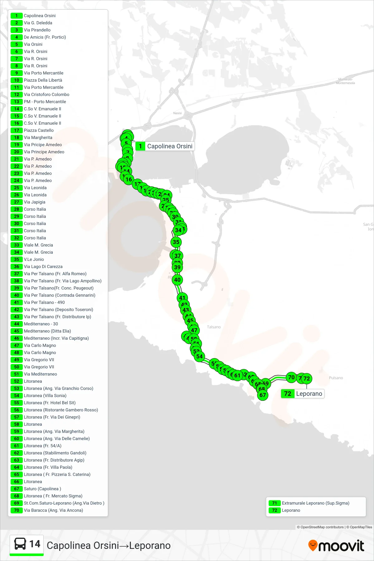 Linea 14 bus (Capolinea Orsini→Leporano) - Percorsi e fermate sulla mappa
