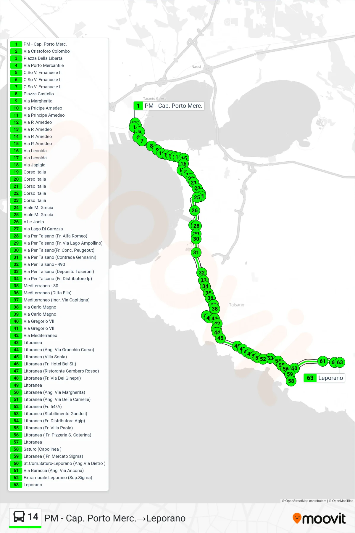 Linea 14 bus (PM - Cap. Porto Merc.→Leporano) - Percorsi e fermate sulla mappa