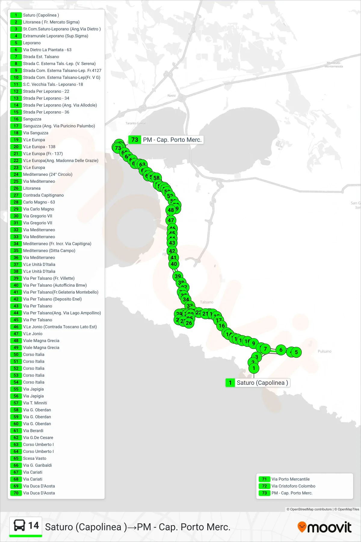 Linea 14 bus (Saturo (Capolinea )→PM - Cap. Porto Merc.) - Percorsi e fermate sulla mappa