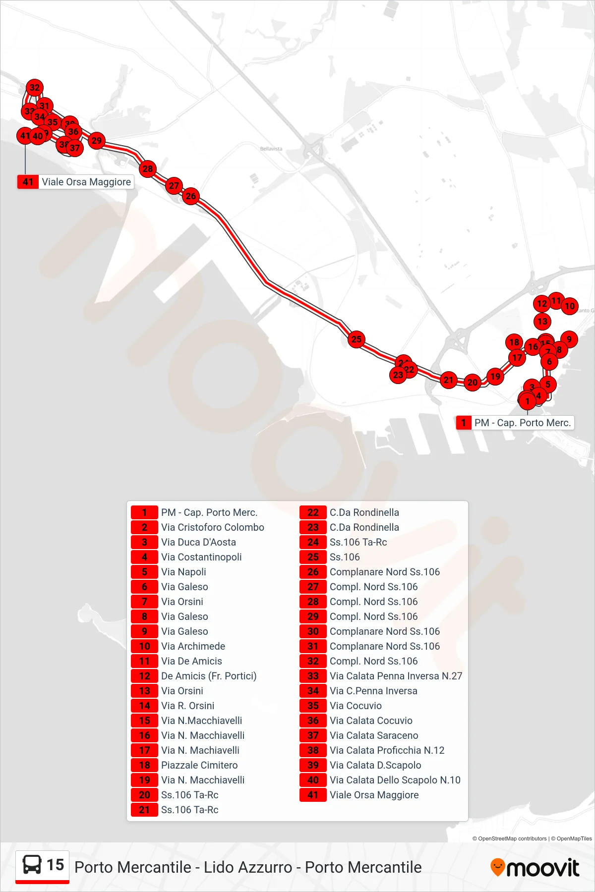 Linea 15  bus (PM - Cap. Porto Merc.‎→Viale Orsa Maggiore) - Percorsi e fermate sulla mappa