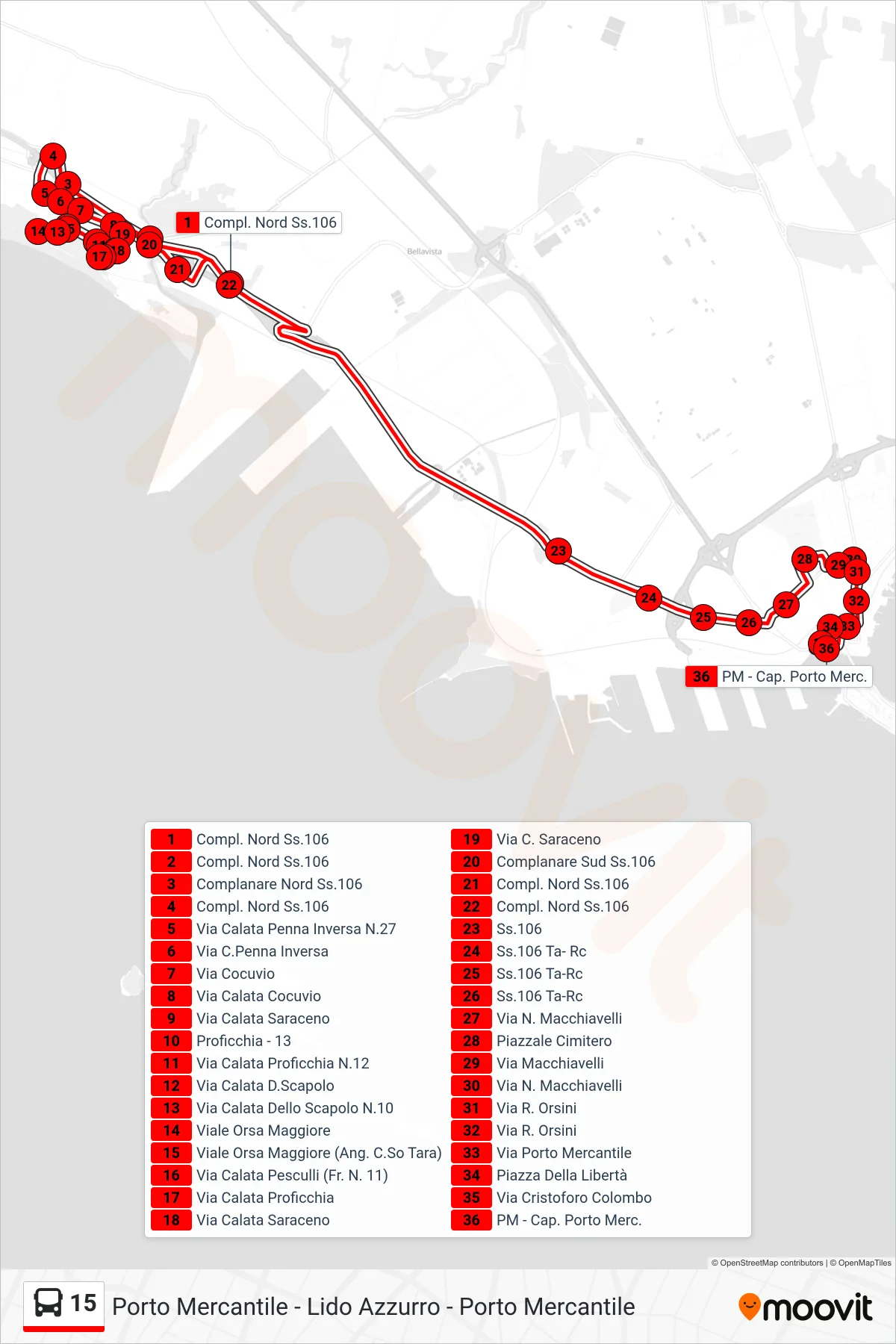 Linea 15 bus (Compl. Nord Ss.106→PM - Cap. Porto Merc.) - Percorsi e fermate sulla mappa
