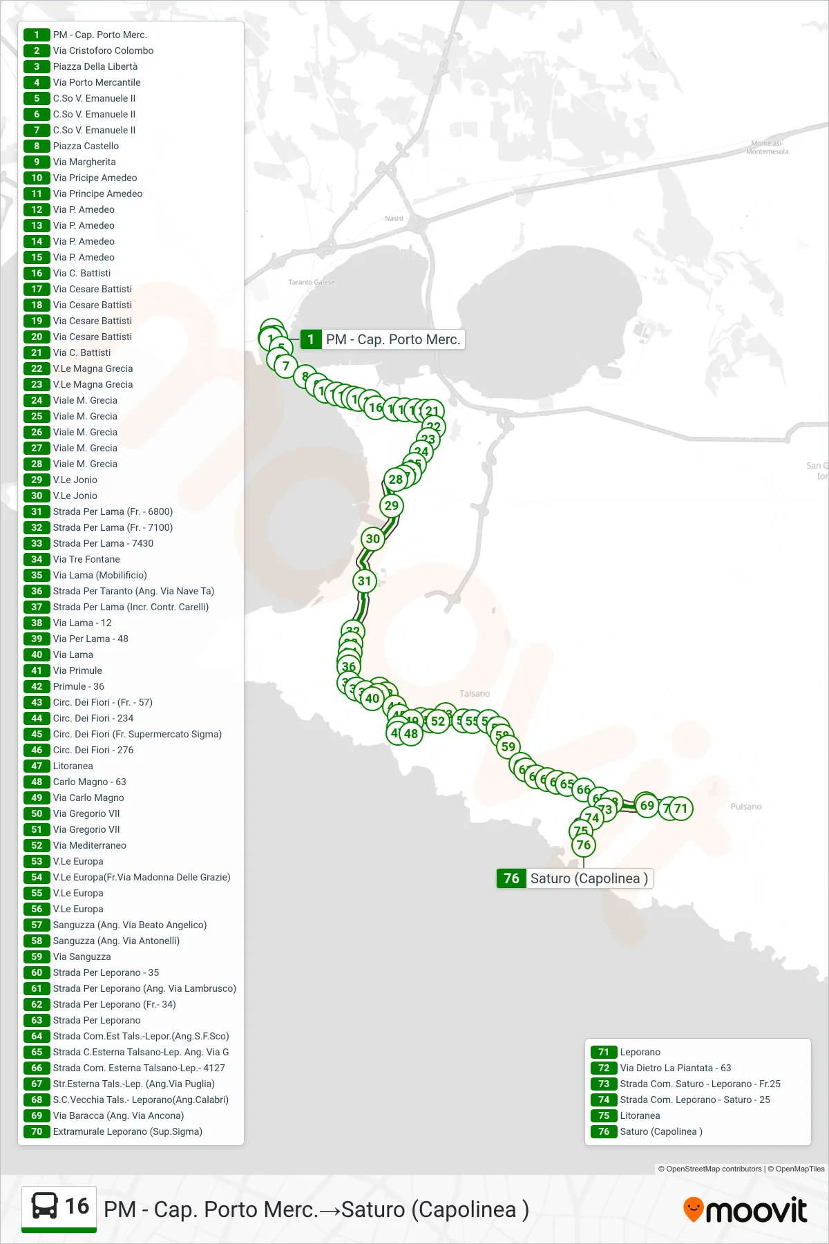 Linea 16  bus (PM - Cap. Porto Merc.‎→Saturo (Capolinea )) - Percorsi e fermate sulla mappa