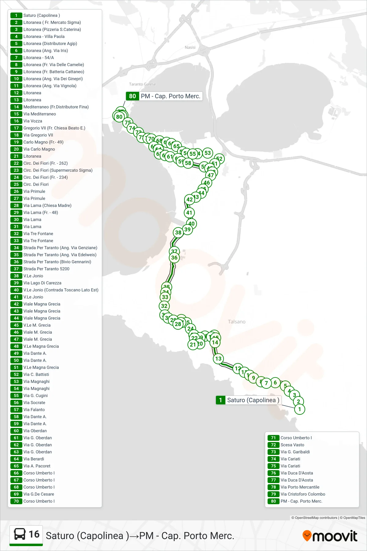 Linea 16  bus (Saturo (Capolinea )‎→PM - Cap. Porto Merc.) - Percorsi e fermate sulla mappa