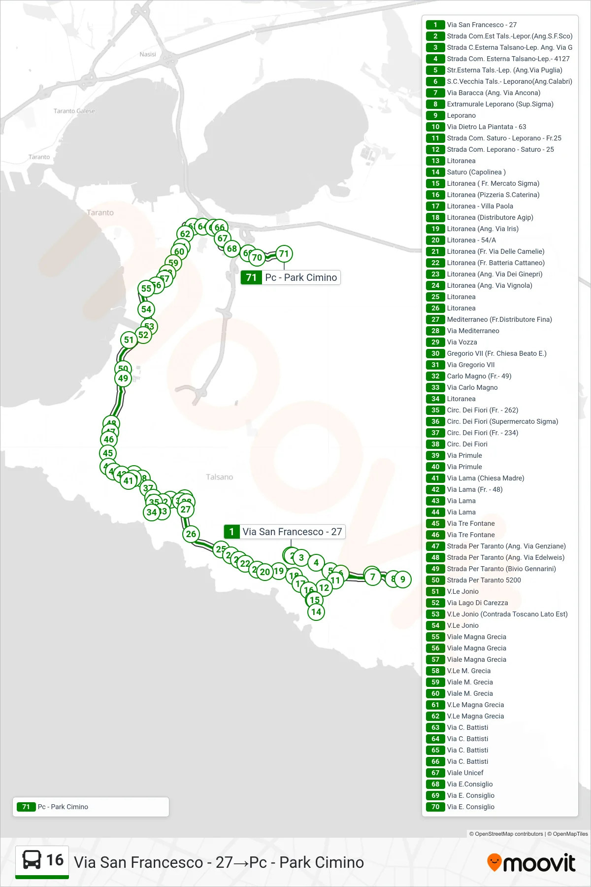 Linea 16 bus (Via San Francesco - 27→Pc - Park Cimino) - Percorsi e fermate sulla mappa
