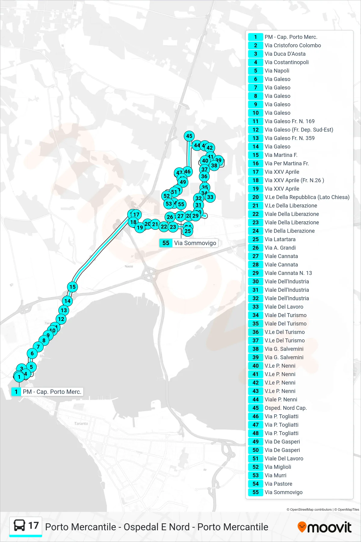 Linea 17 bus (PM - Cap. Porto Merc.→Via Sommovigo) - Percorsi e fermate sulla mappa