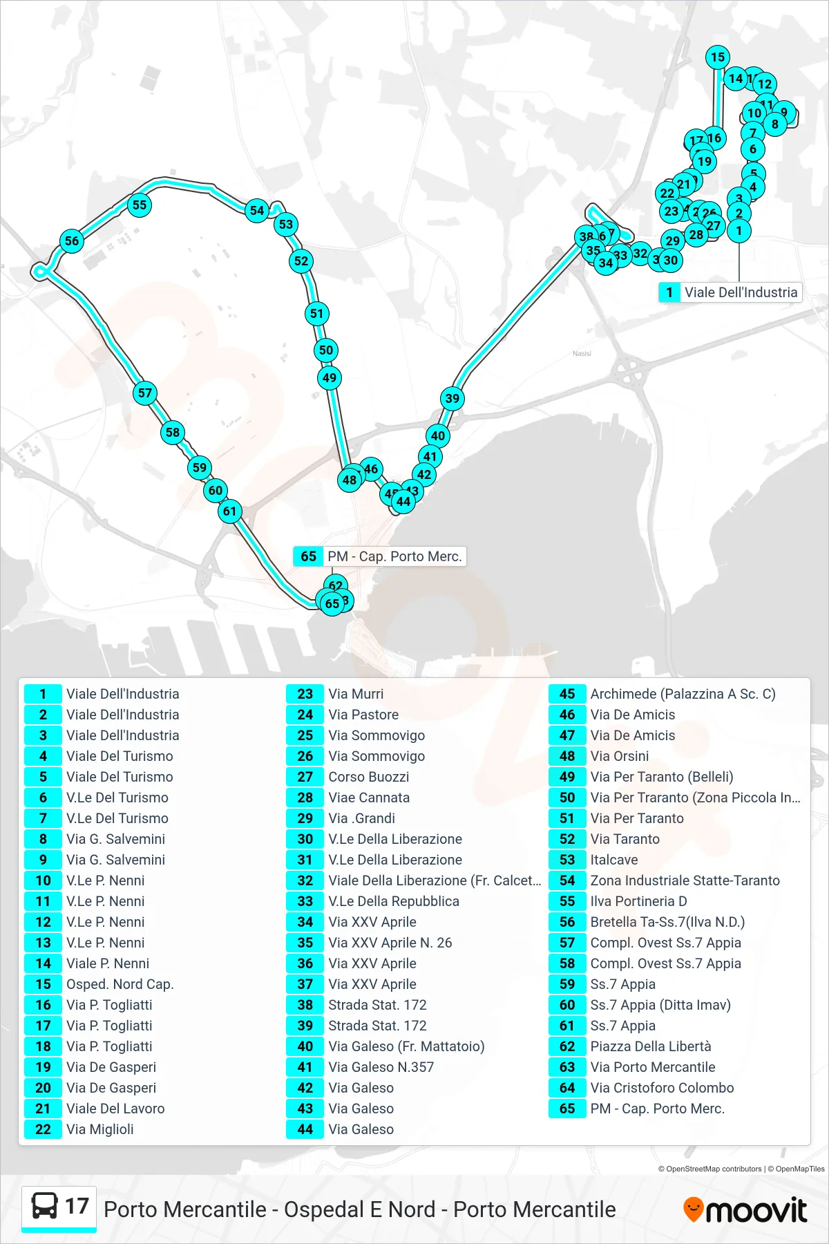 Linea 17  bus (Viale Dell'Industria‎→PM - Cap. Porto Merc.) - Percorsi e fermate sulla mappa