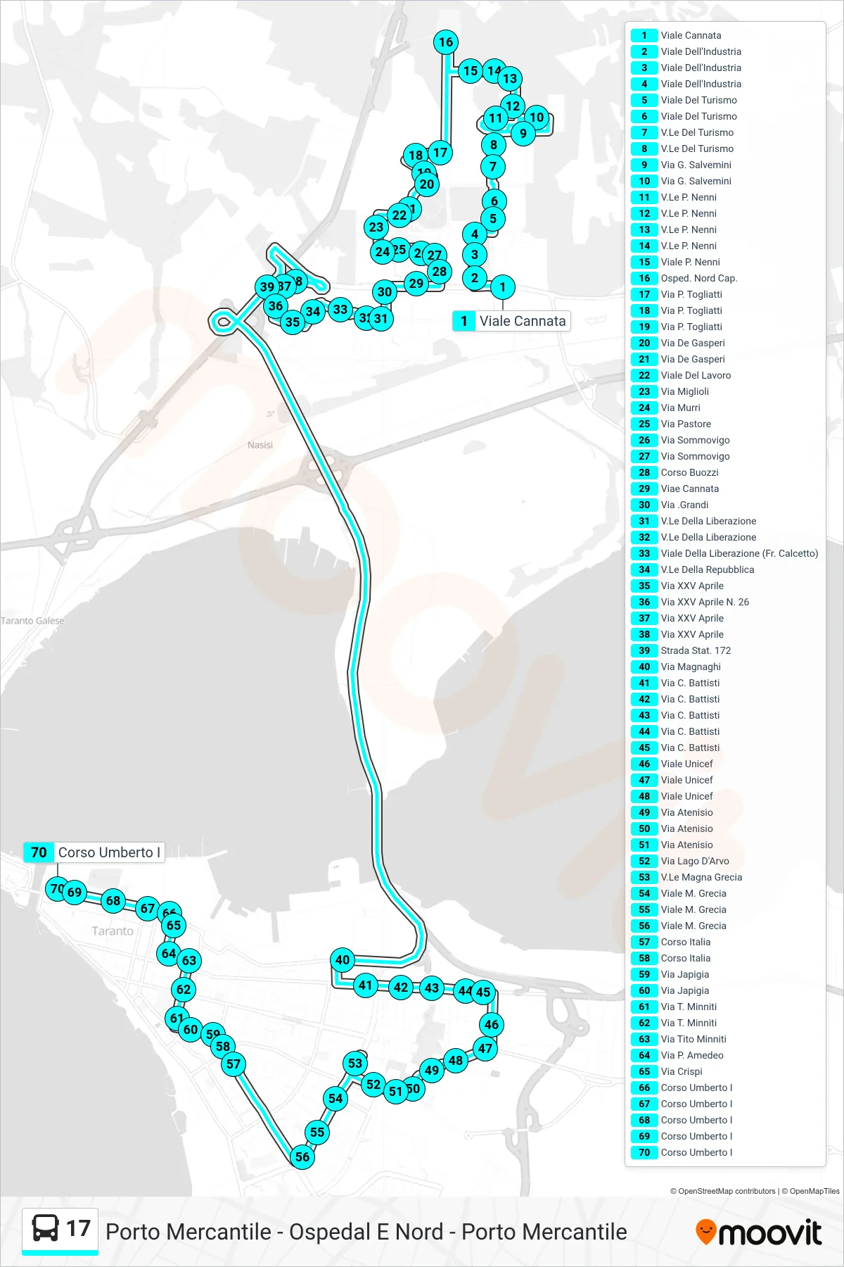 Linea 17  bus (Viale Cannata‎→Corso Umberto I) - Percorsi e fermate sulla mappa