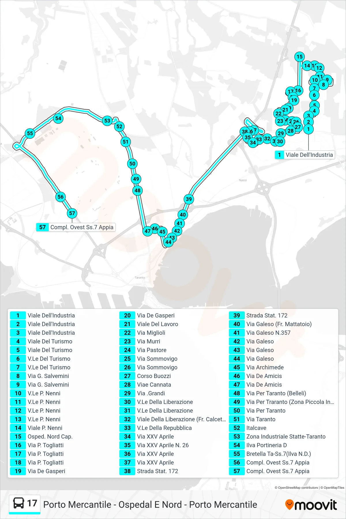Linea 17 bus (Viale Dell'Industria→Compl. Ovest Ss.7 Appia) - Percorsi e fermate sulla mappa
