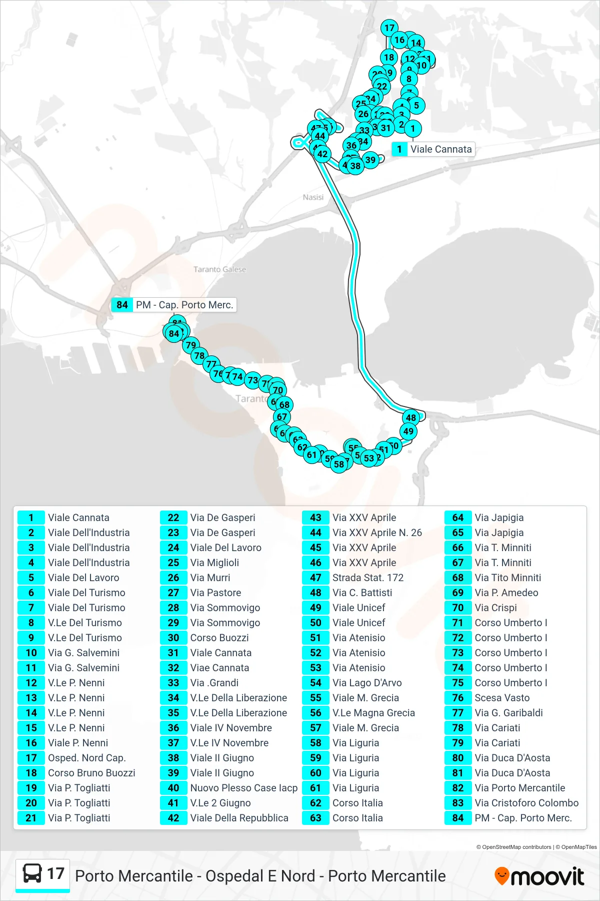 Linea 17 bus (Viale Cannata→PM - Cap. Porto Merc.) - Percorsi e fermate sulla mappa