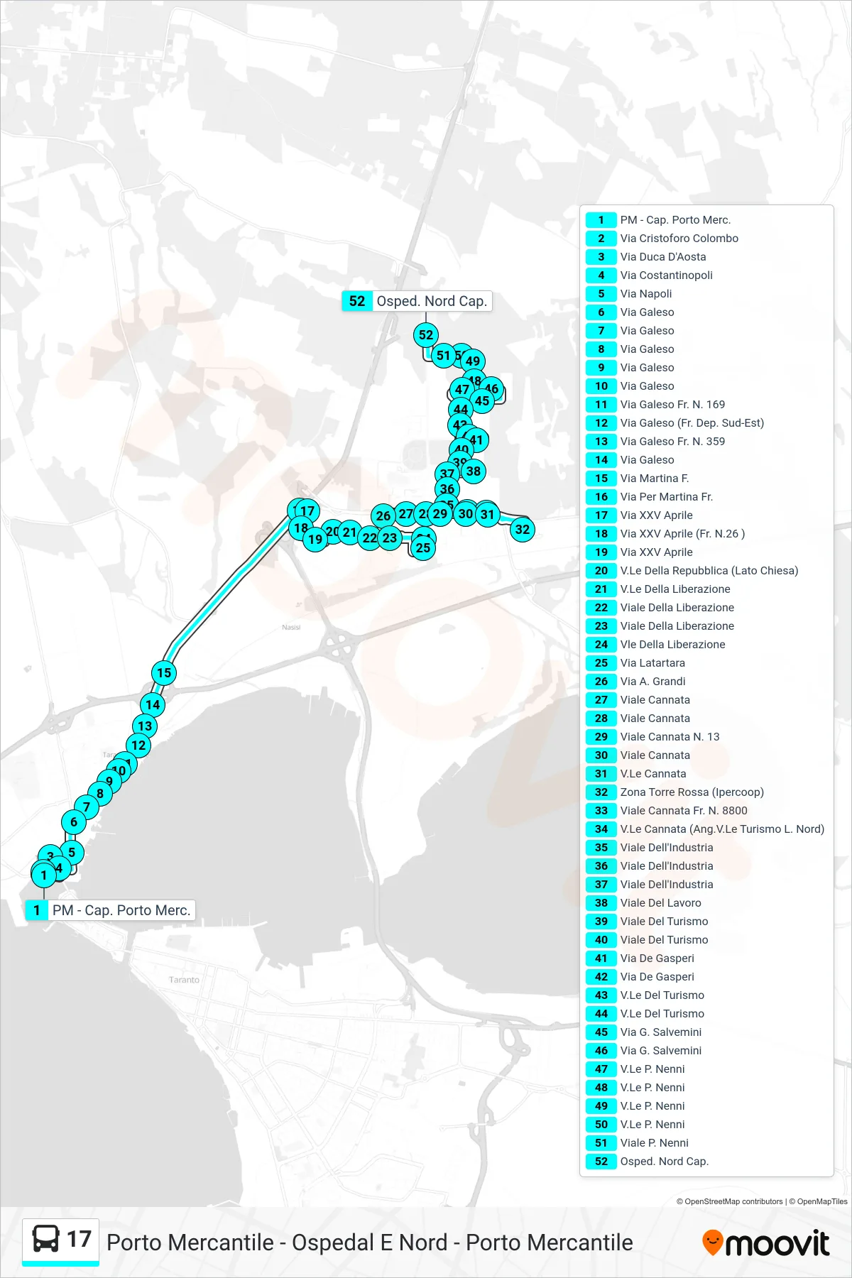 Linea 17 bus (PM - Cap. Porto Merc.→Osped. Nord Cap.) - Percorsi e fermate sulla mappa