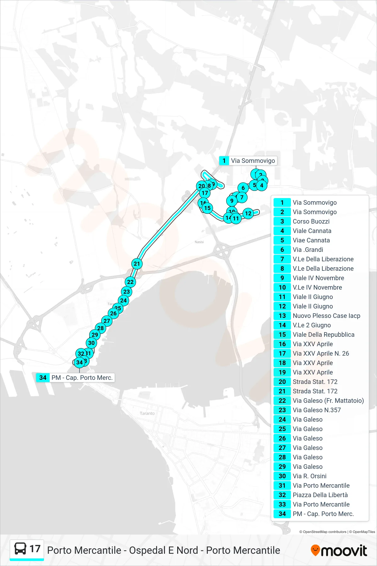 Linea 17 bus (Via Sommovigo→PM - Cap. Porto Merc.) - Percorsi e fermate sulla mappa