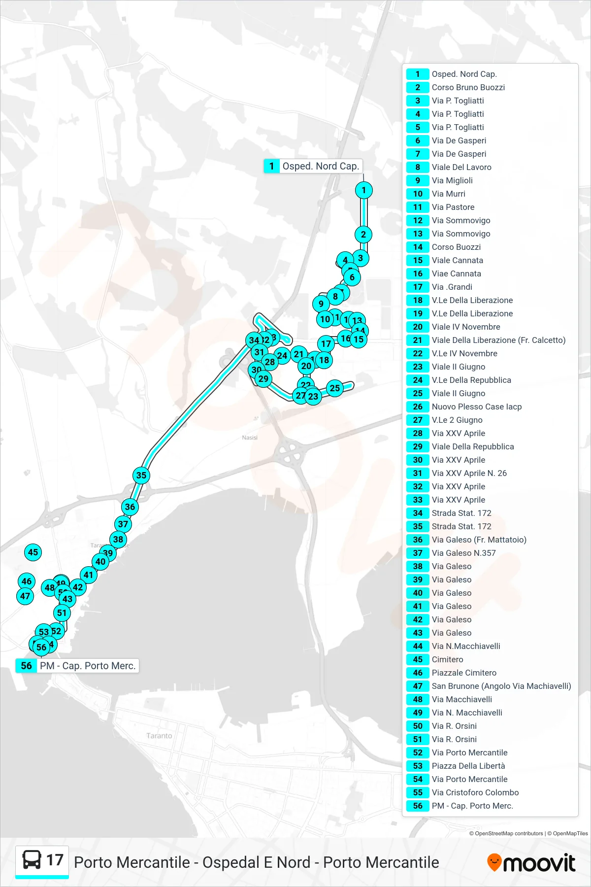 Linea 17 bus (Osped. Nord Cap.→PM - Cap. Porto Merc.) - Percorsi e fermate sulla mappa