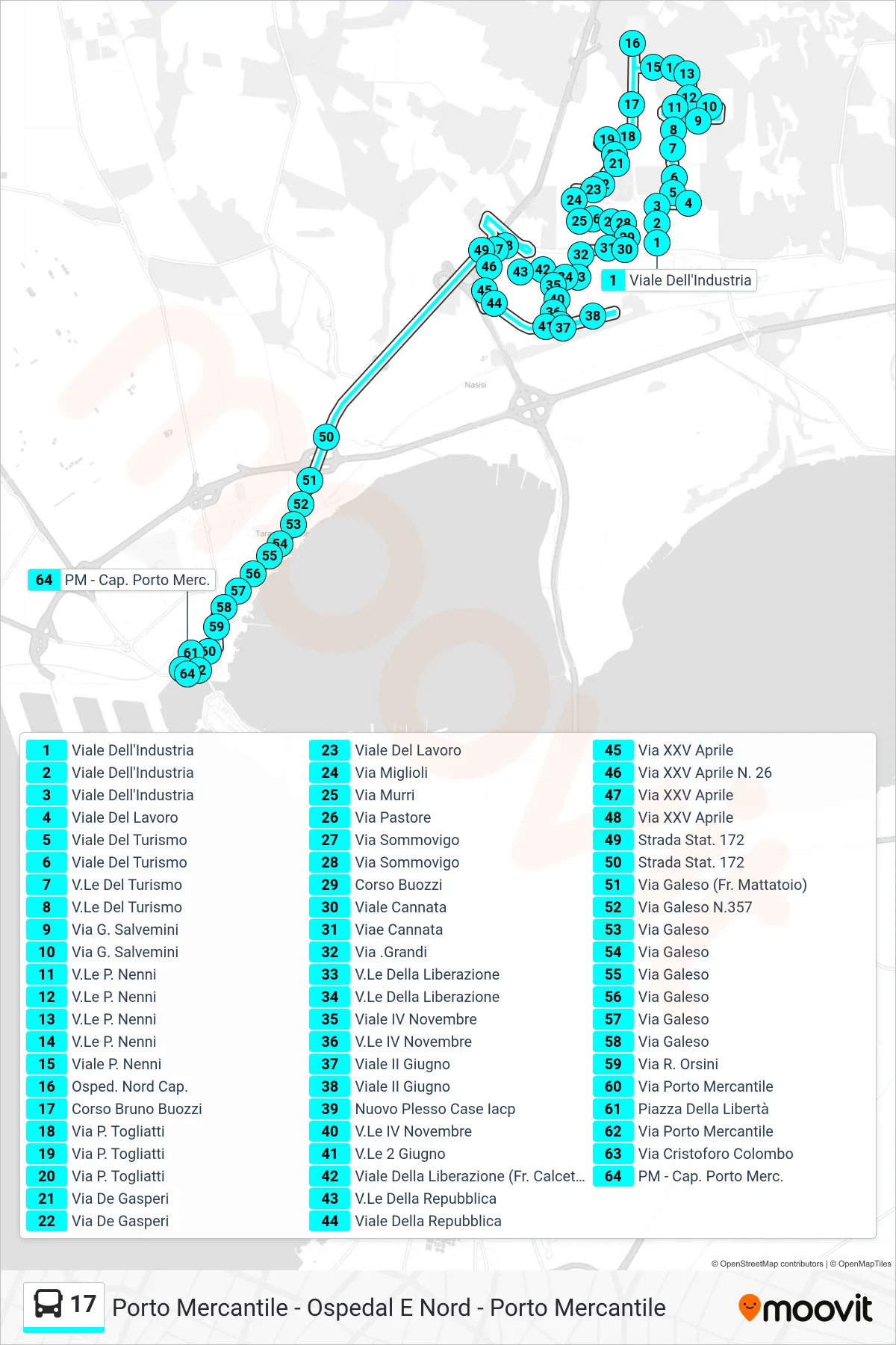 Linea 17 bus (Viale Dell'Industria→PM - Cap. Porto Merc.) - Percorsi e fermate sulla mappa