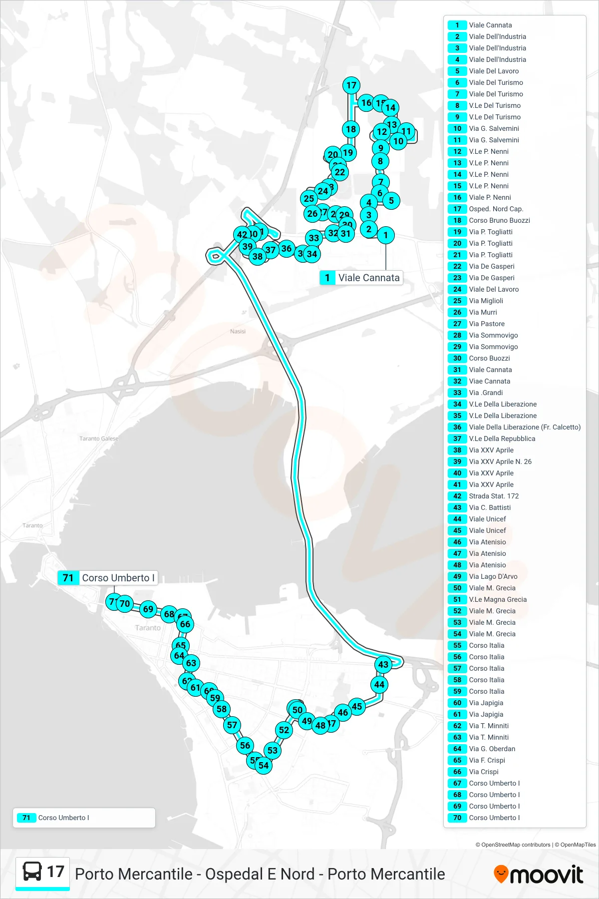 Linea 17 bus (Viale Cannata→Corso Umberto I) - Percorsi e fermate sulla mappa