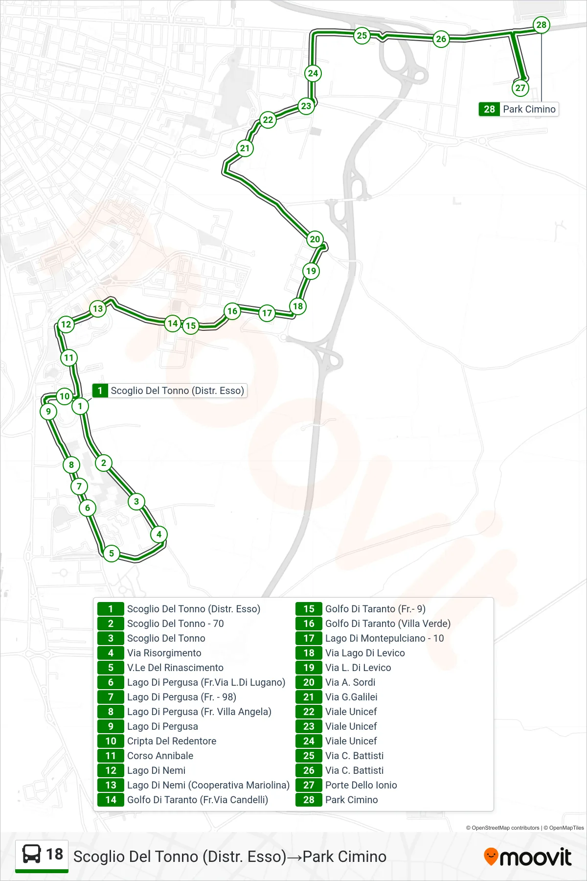 Linea 18 bus (Scoglio Del Tonno (Distr. Esso)→Park Cimino) - Percorsi e fermate sulla mappa