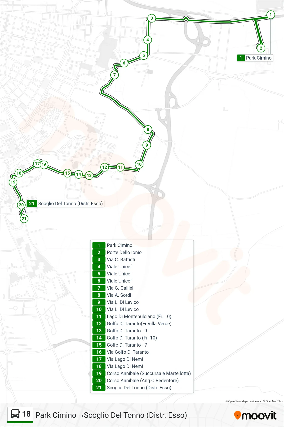 Linea 18  bus (Park Cimino‎→Scoglio Del Tonno (Distr. Esso)) - Percorsi e fermate sulla mappa