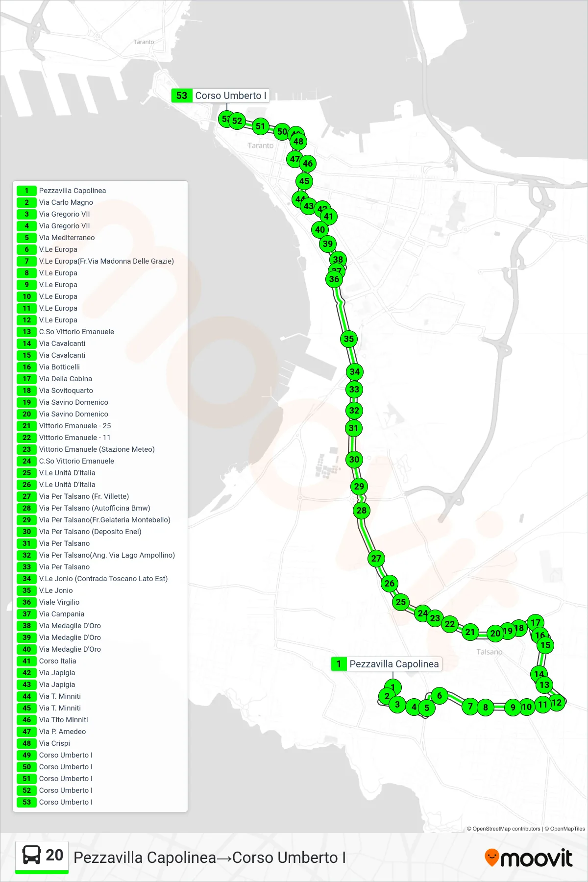 Linea 20 bus (Pezzavilla Capolinea→Corso Umberto I) - Percorsi e fermate sulla mappa