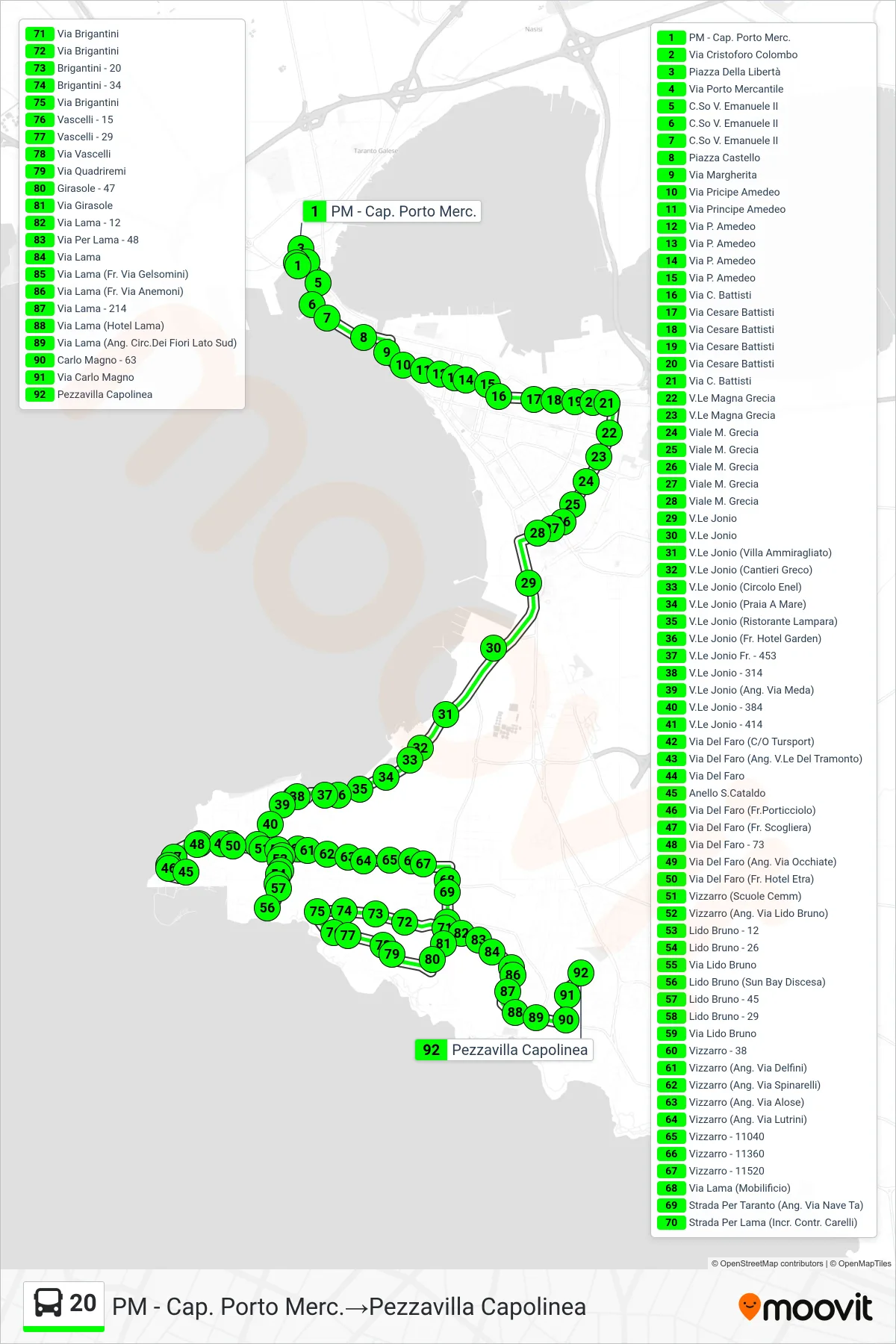 Linea 20 bus (PM - Cap. Porto Merc.→Pezzavilla Capolinea) - Percorsi e fermate sulla mappa