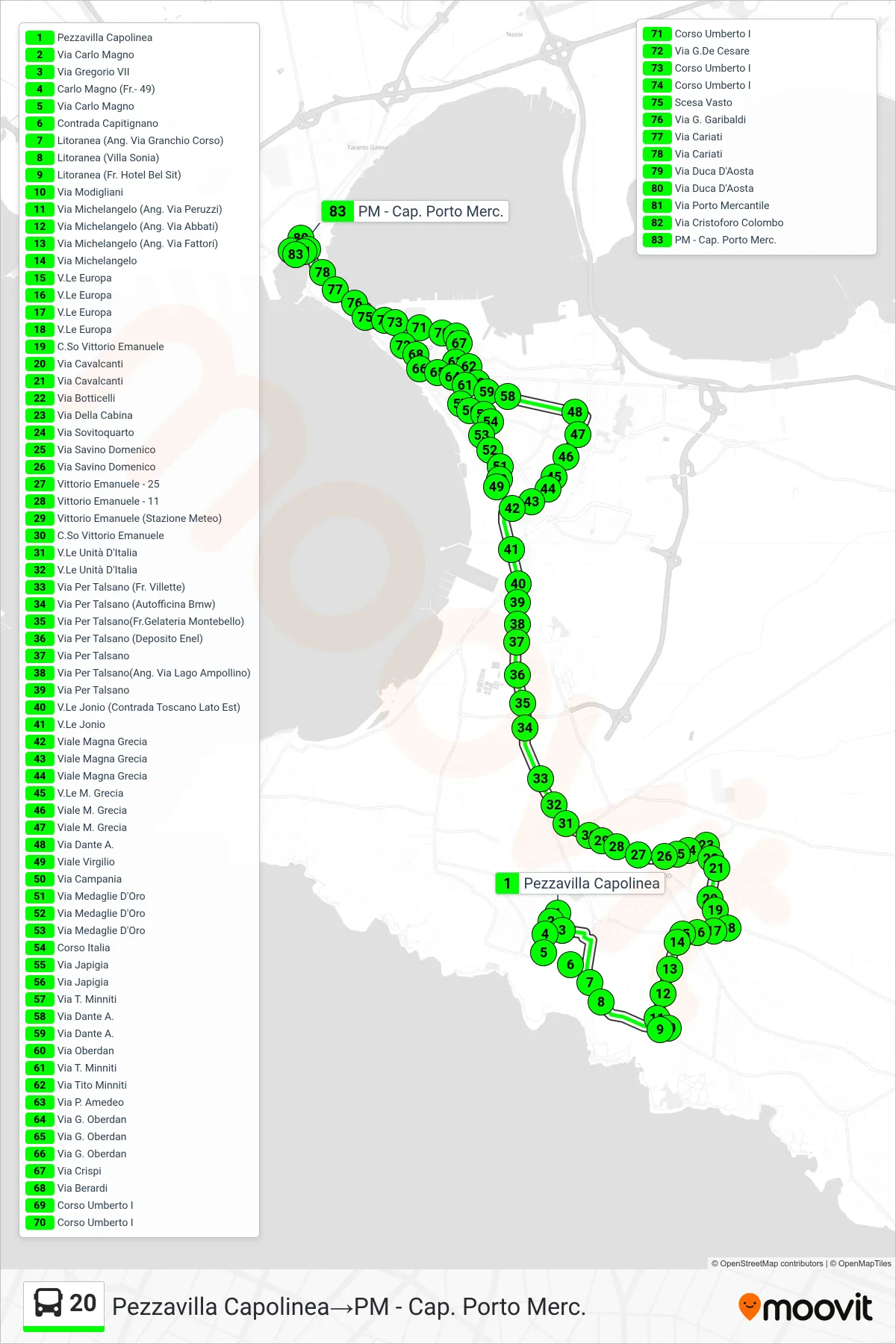 Linea 20  bus (Pezzavilla Capolinea‎→PM - Cap. Porto Merc.) - Percorsi e fermate sulla mappa