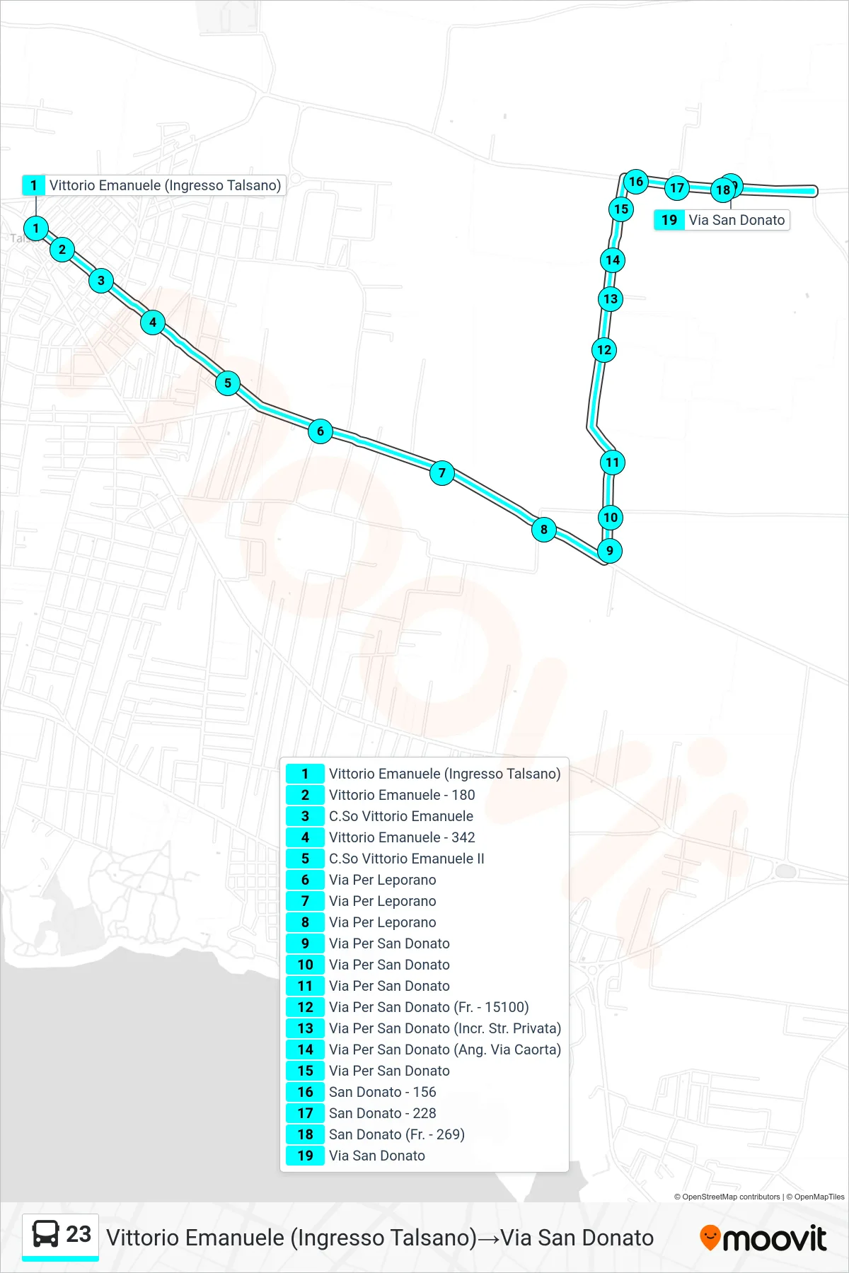 Linea 23 bus (Vittorio Emanuele (Ingresso Talsano)→Via San Donato) - Percorsi e fermate sulla mappa
