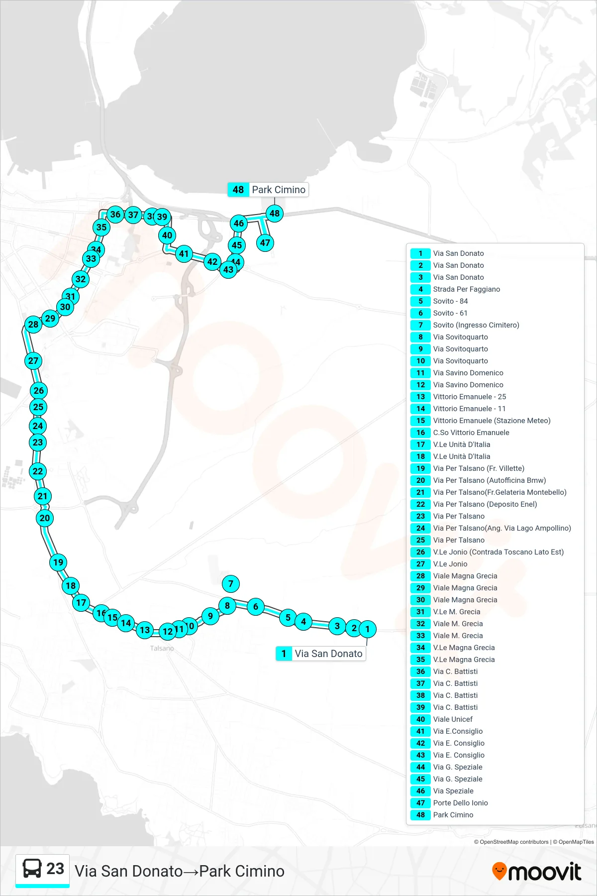 Linea 23  bus (Via San Donato‎→Park Cimino) - Percorsi e fermate sulla mappa