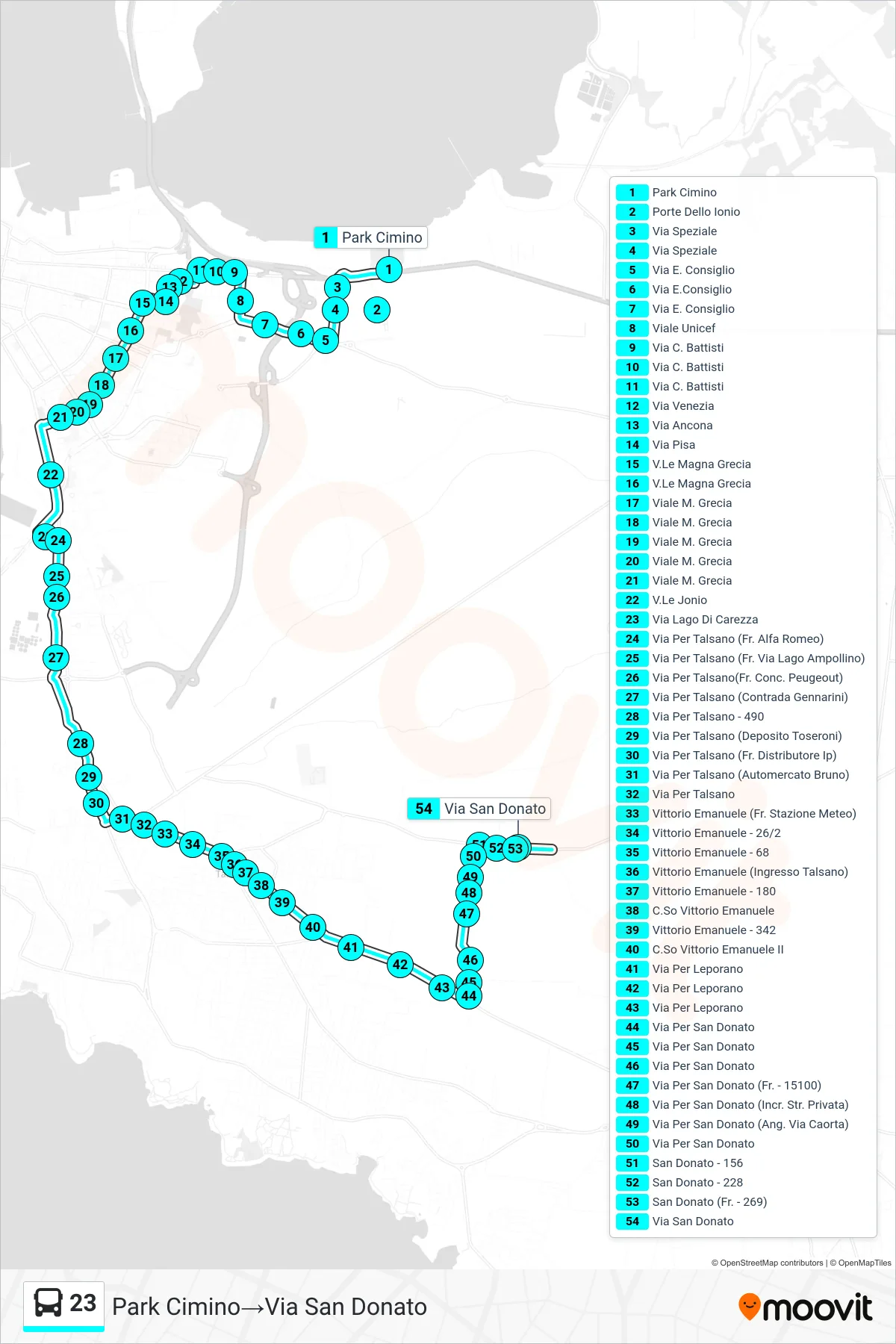 Linea 23 bus (Park Cimino→Via San Donato) - Percorsi e fermate sulla mappa