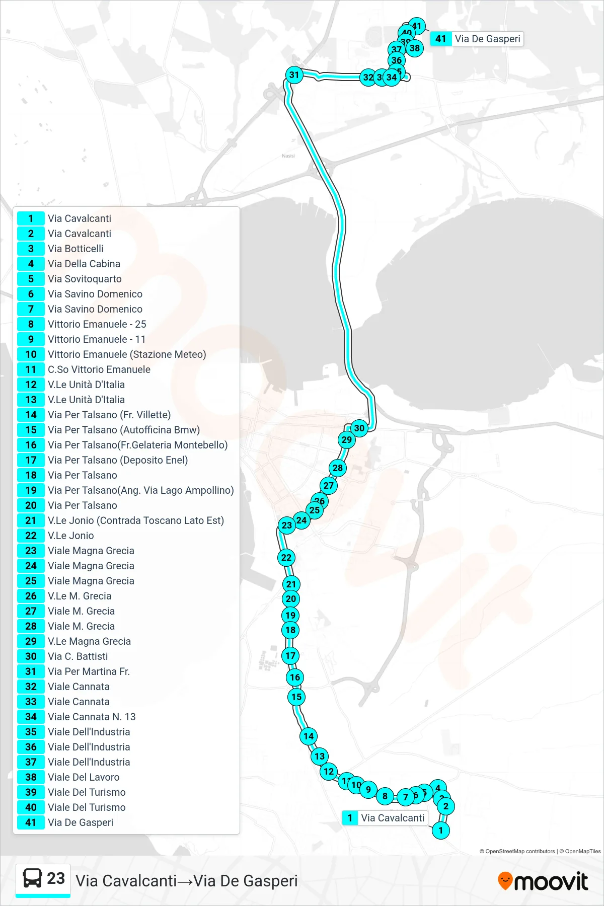 Linea 23  bus (Via Cavalcanti‎→Via De Gasperi) - Percorsi e fermate sulla mappa