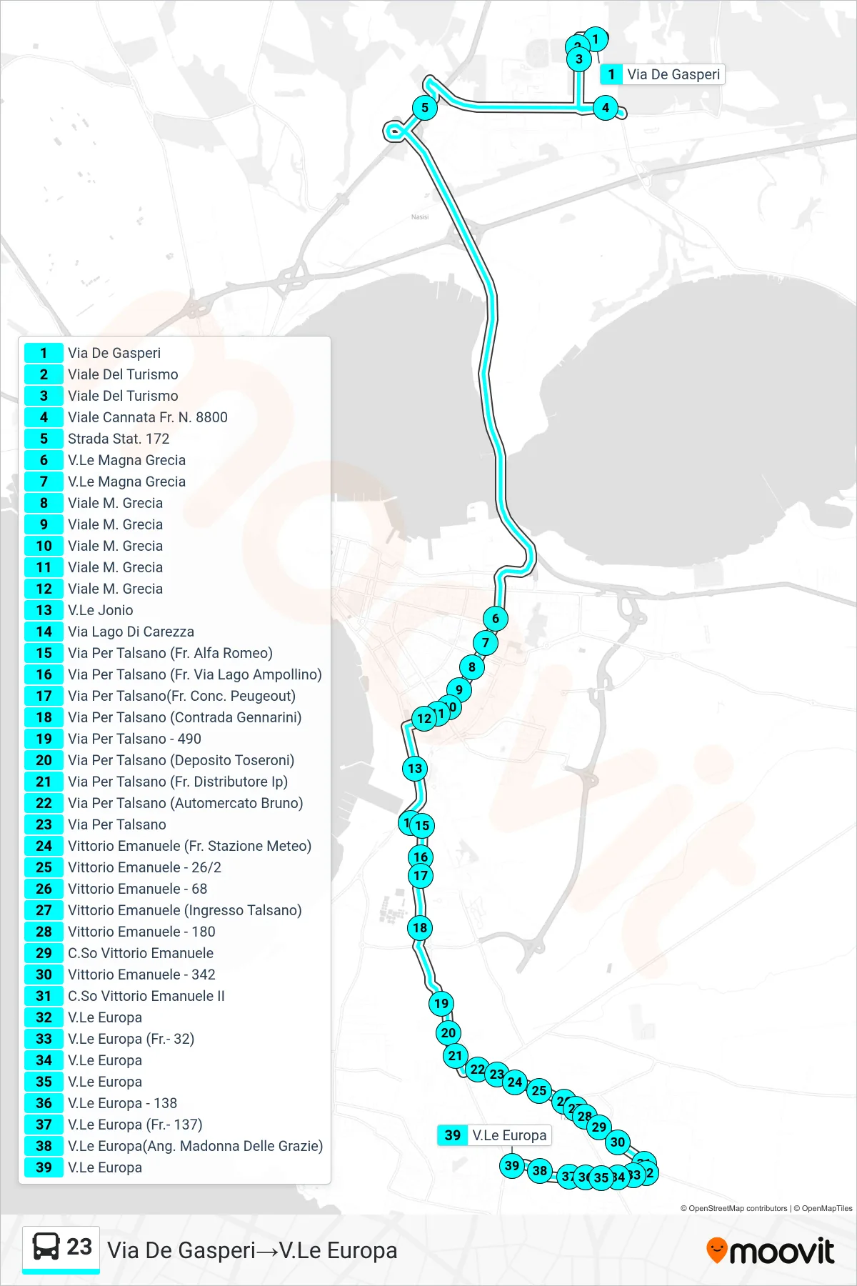 Linea 23  bus (Via De Gasperi‎→V.Le Europa) - Percorsi e fermate sulla mappa