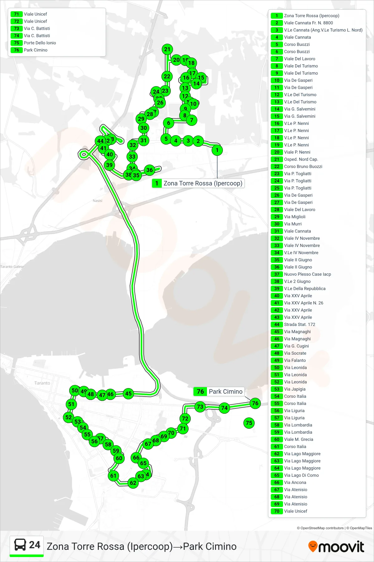 Linea 24  bus (Zona Torre Rossa (Ipercoop)‎→Park Cimino) - Percorsi e fermate sulla mappa