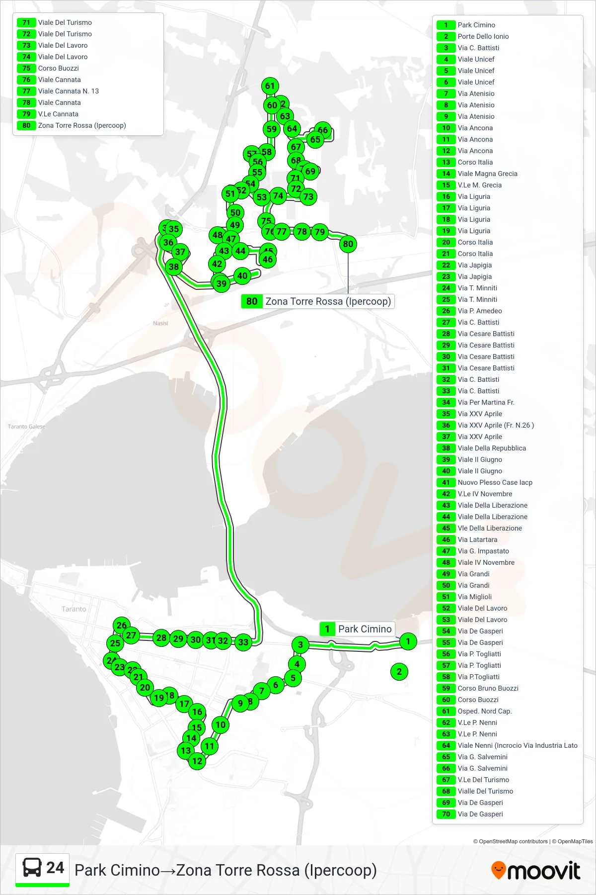 Linea 24 bus (Park Cimino→Zona Torre Rossa (Ipercoop)) - Percorsi e fermate sulla mappa