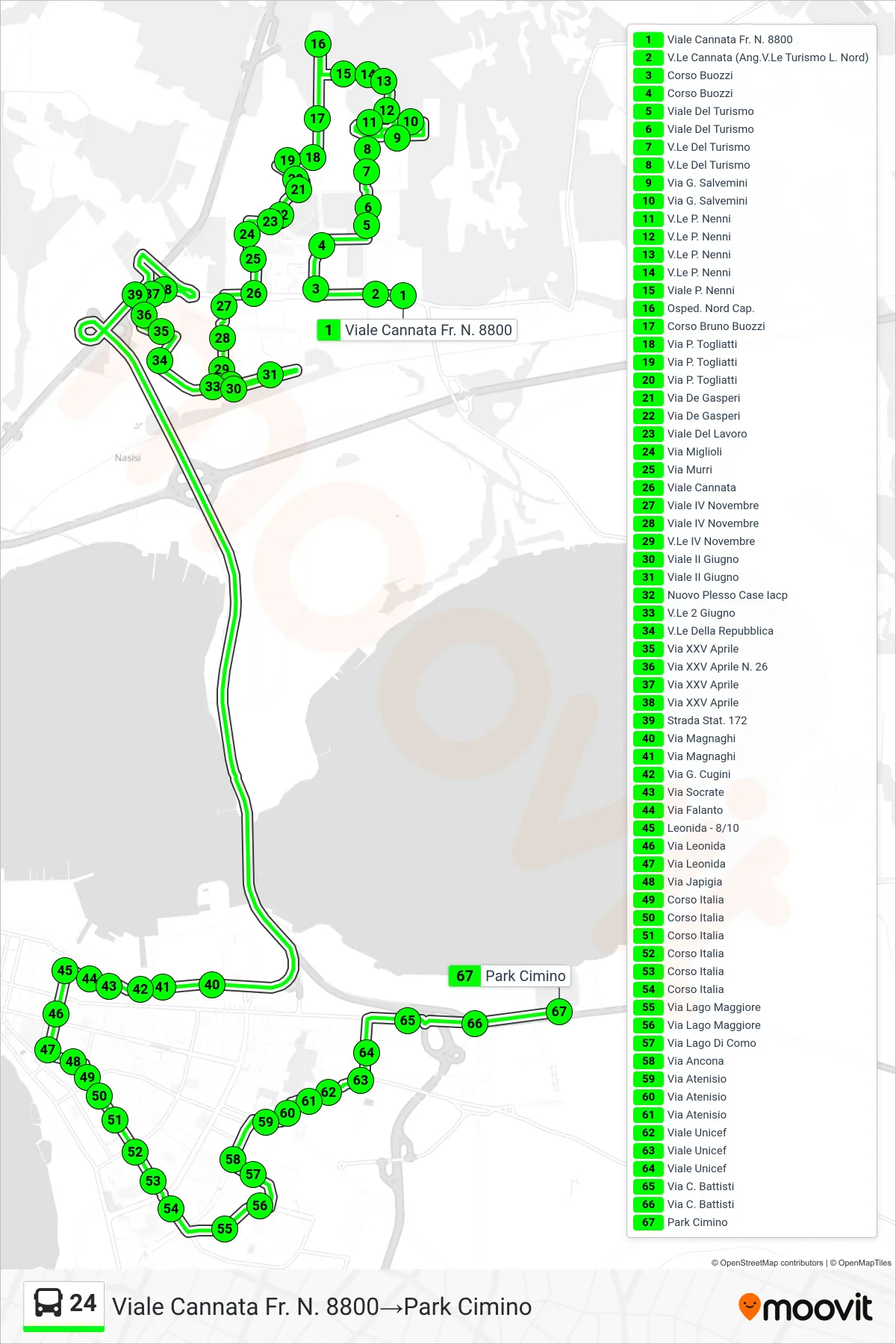 Linea 24 bus (Viale Cannata Fr. N. 8800→Park Cimino) - Percorsi e fermate sulla mappa