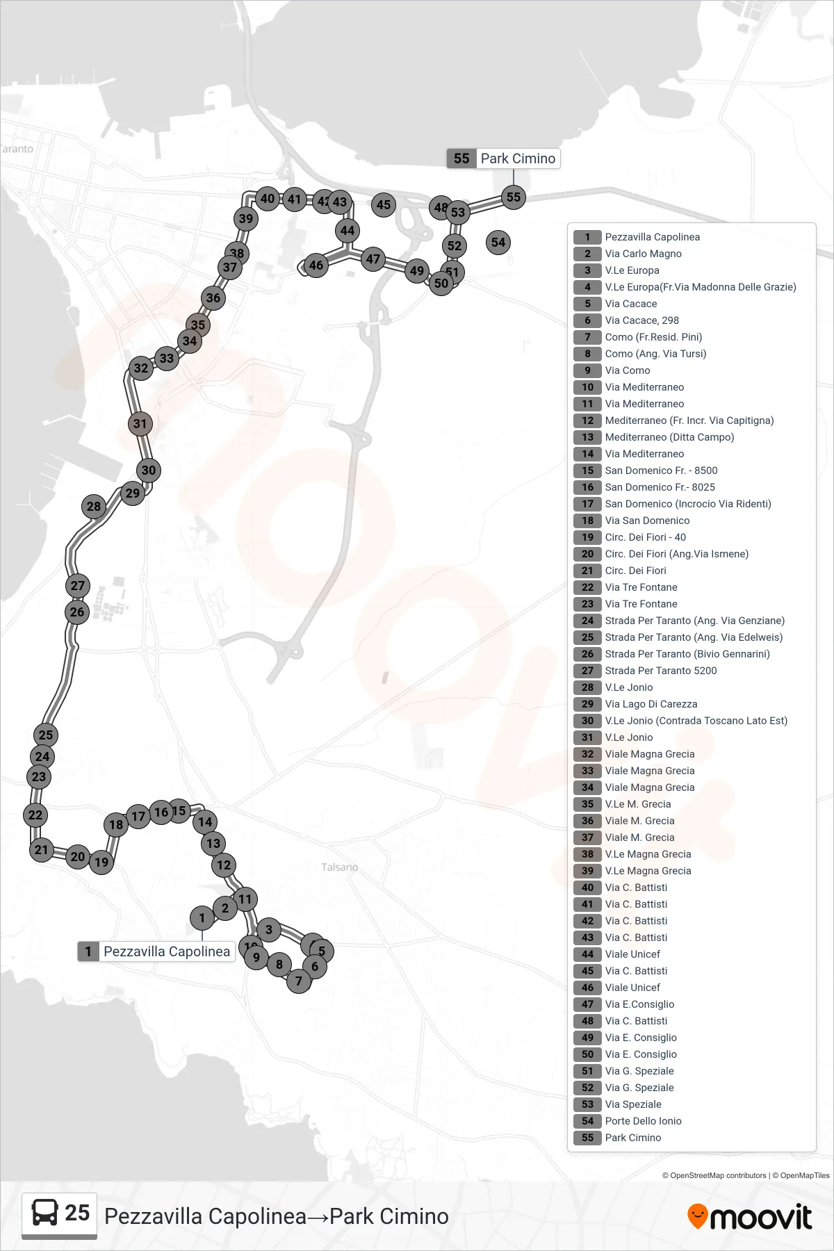 Linea 25  bus (Pezzavilla Capolinea‎→Park Cimino) - Percorsi e fermate sulla mappa