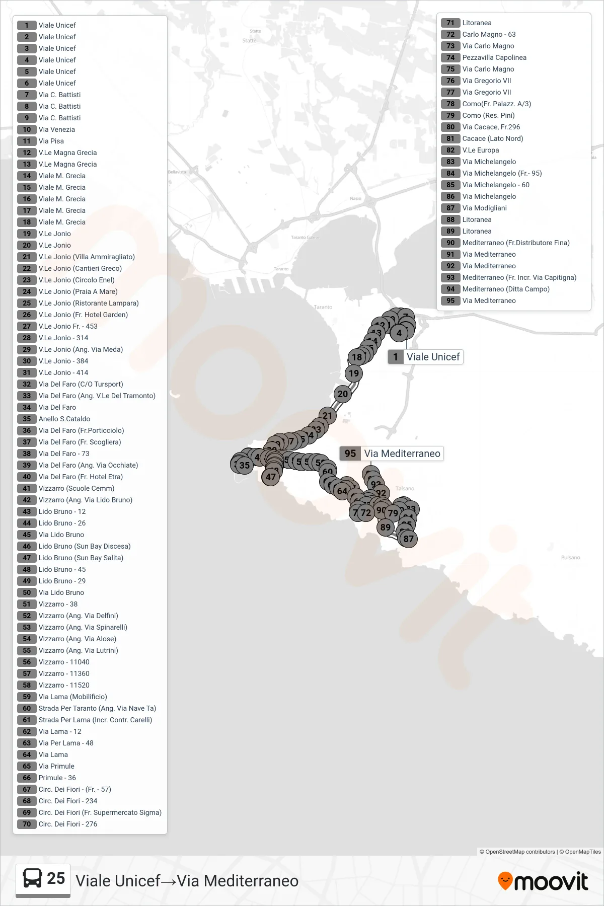 Linea 25 bus (Viale Unicef→Via Mediterraneo) - Percorsi e fermate sulla mappa