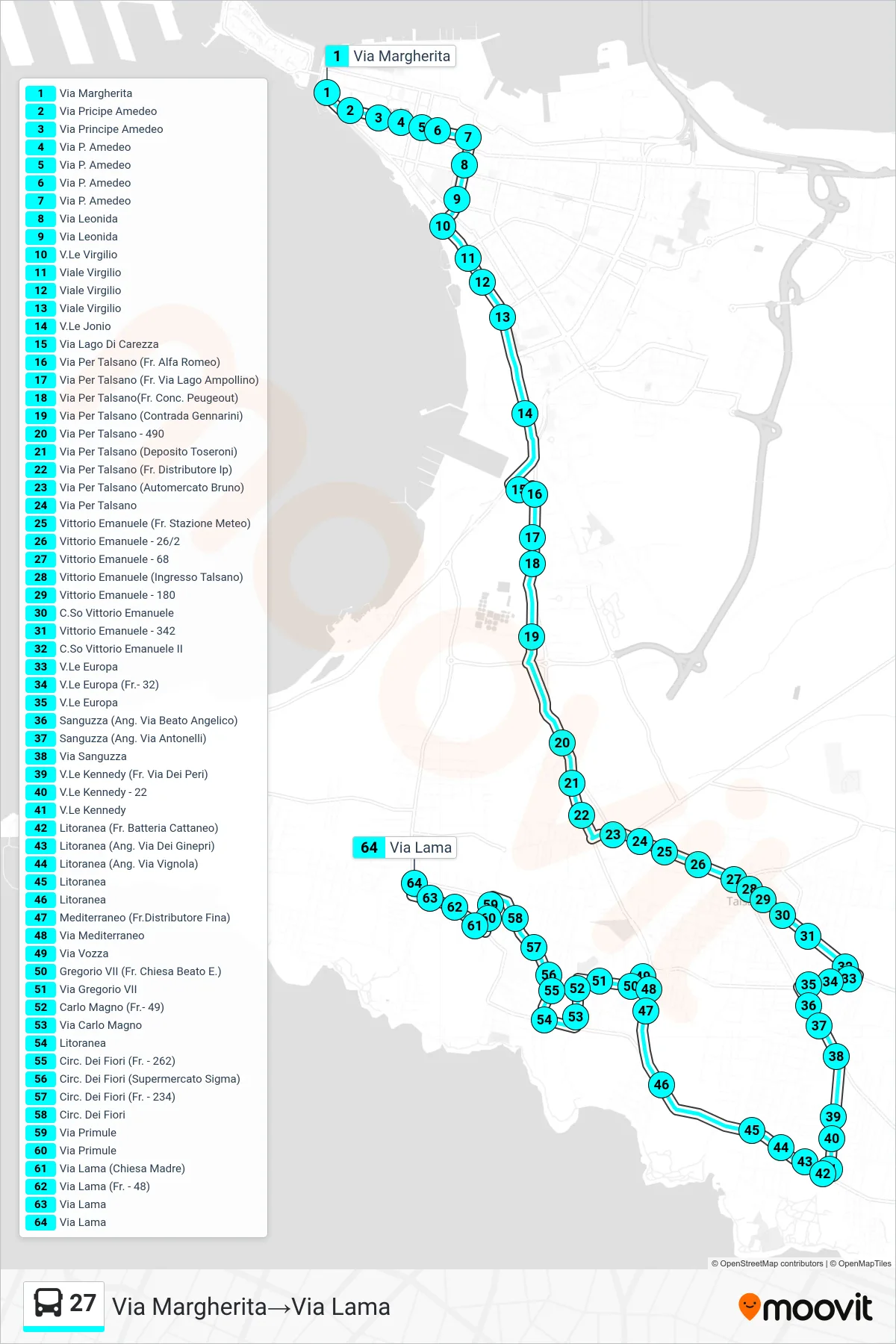 Linea 27  bus (Via Margherita‎→Via Lama) - Percorsi e fermate sulla mappa