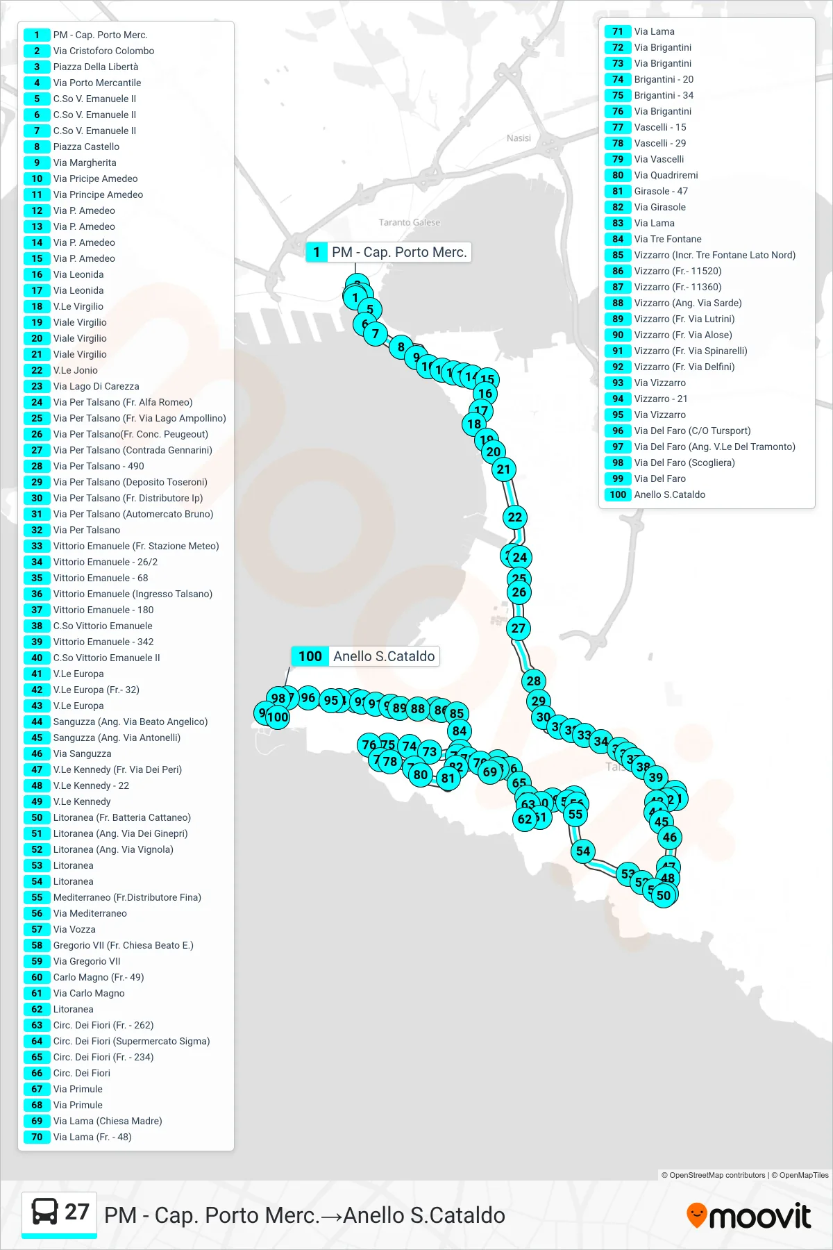 Linea 27 bus (PM - Cap. Porto Merc.→Anello S.Cataldo) - Percorsi e fermate sulla mappa