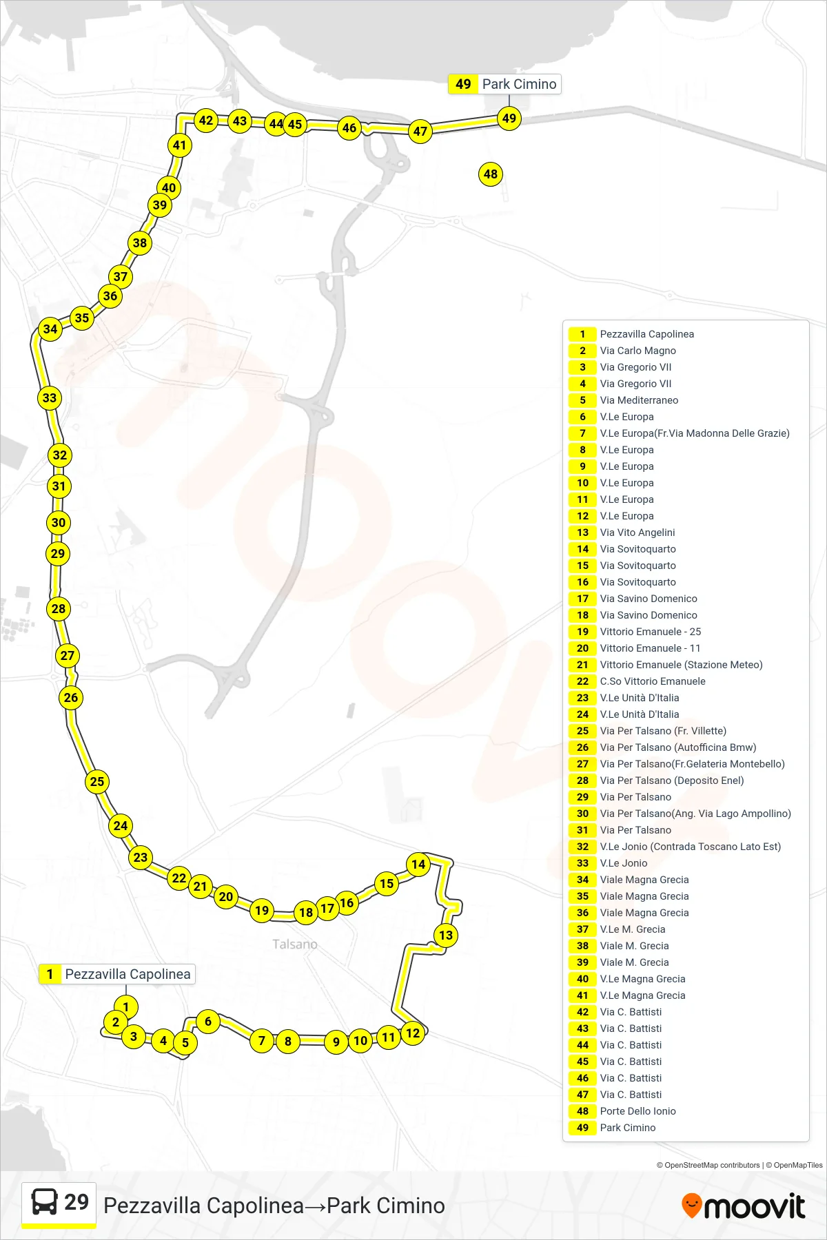 Linea 29 bus (Pezzavilla Capolinea→Park Cimino) - Percorsi e fermate sulla mappa