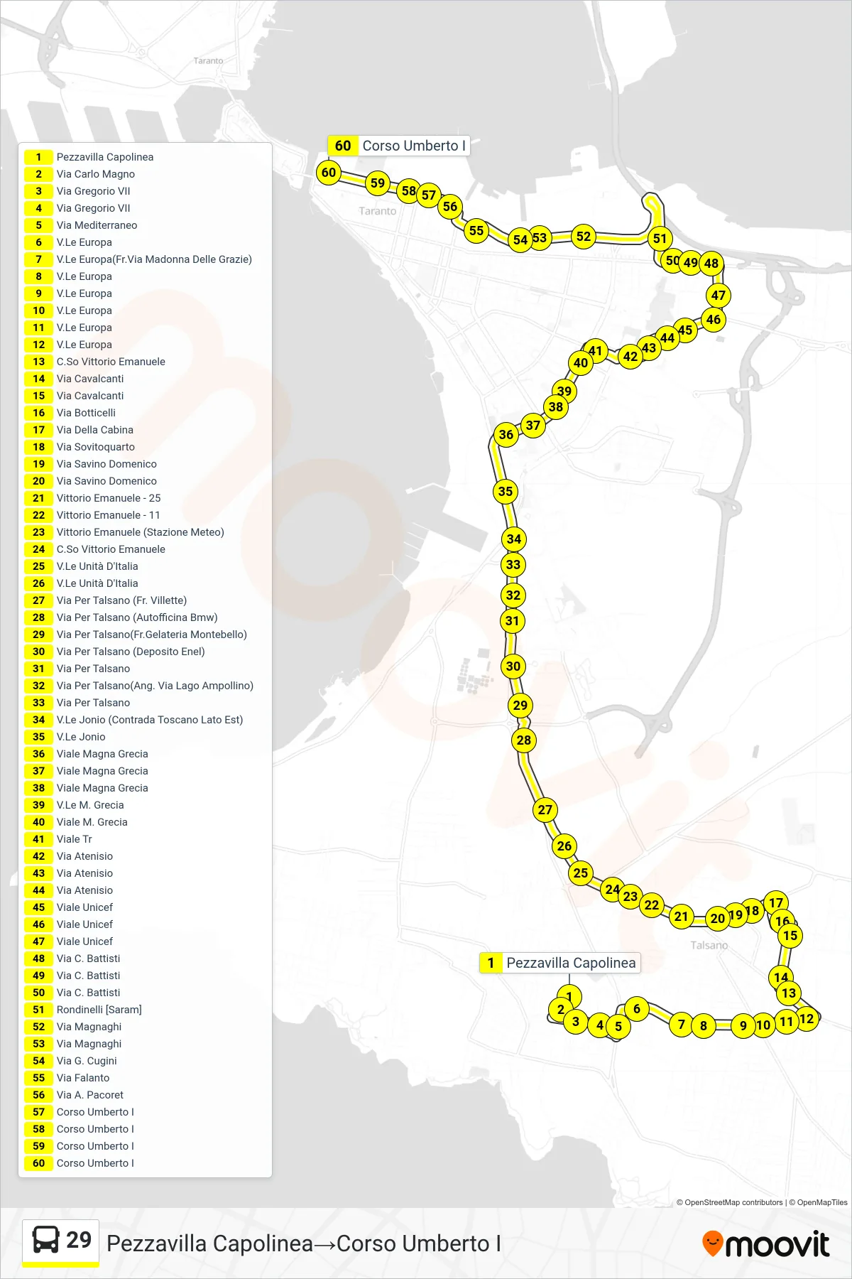 Linea 29  bus (Pezzavilla Capolinea‎→Corso Umberto I) - Percorsi e fermate sulla mappa