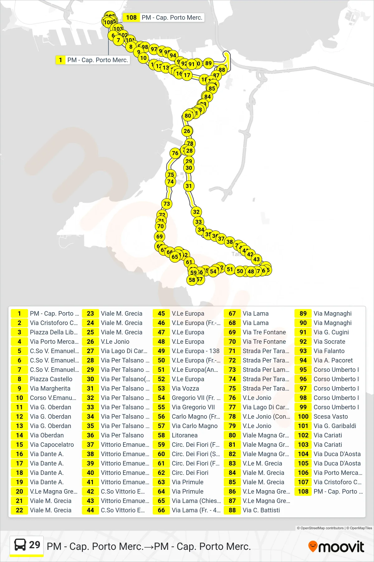 Linea 29 bus (PM - Cap. Porto Merc.→PM - Cap. Porto Merc.) - Percorsi e fermate sulla mappa